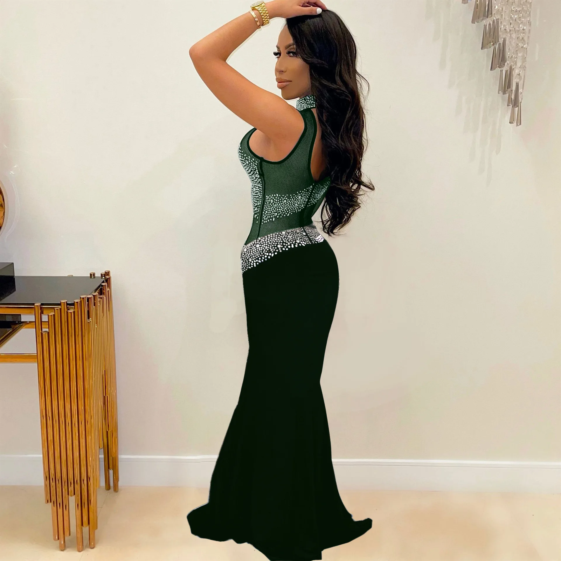 CM.YAYA Women Diamonds Hot Rhinestones Bodycon Midi Maxi Mermaid Dress Elegant Sexy Party Club One Long Sleeve Long Dresses