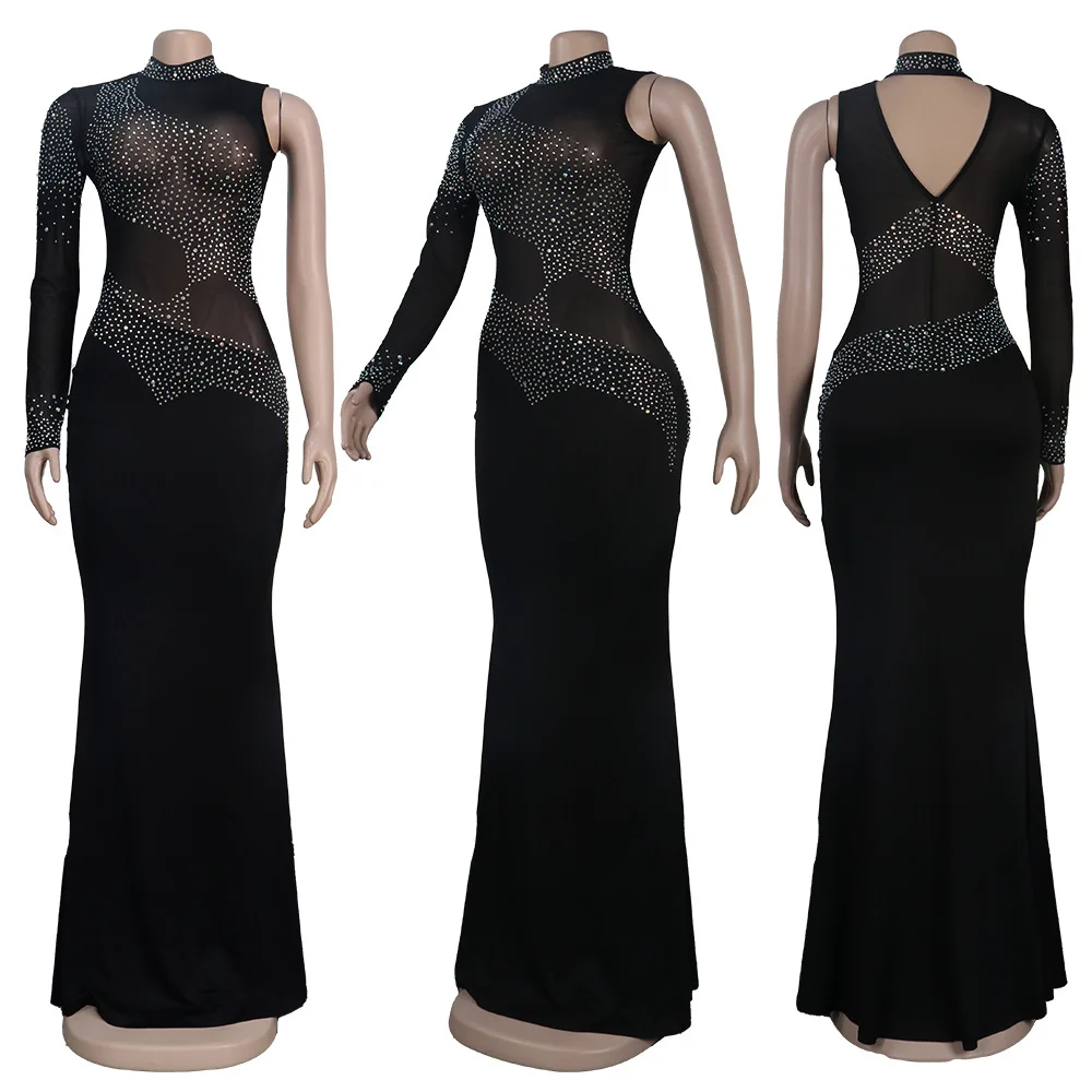 CM.YAYA Women Diamonds Hot Rhinestones Bodycon Midi Maxi Mermaid Dress Elegant Sexy Party Club One Long Sleeve Long Dresses