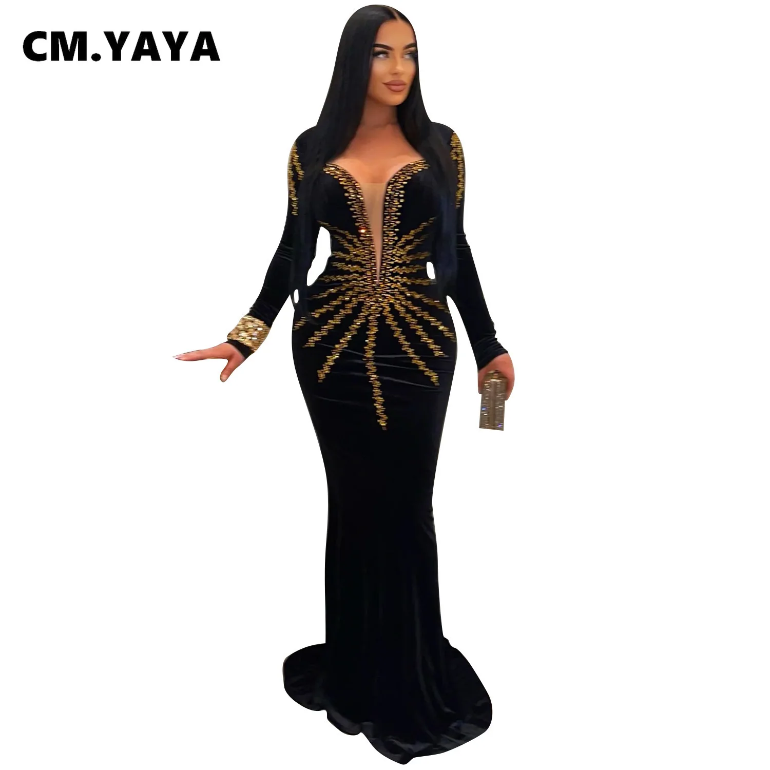 CM.YAYA Women Diamonds Hot Rhinestones Velvet Long Sleeve Mermaid Birthday Bodycon Midi Maxi Dress 2024 Sexy Party Long Dresses CM.YAYA Women Diamonds Hot Rhinestones Velvet Long Sleeve Mermaid Birthday Bodycon Midi Maxi Dress 2024 Sexy Party Long Dresses