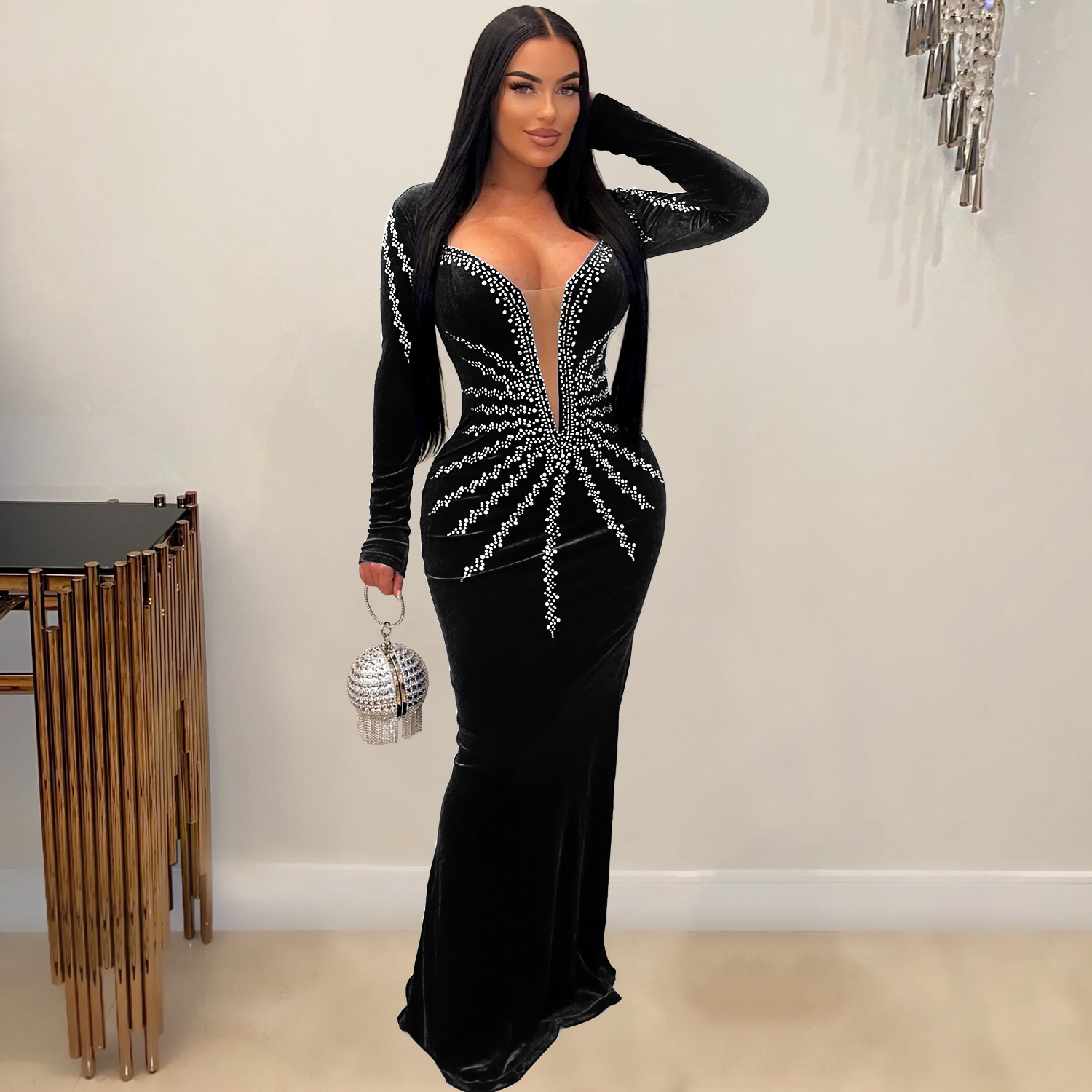 CM.YAYA Women Diamonds Hot Rhinestones Velvet Long Sleeve Mermaid Birthday Bodycon Midi Maxi Dress 2024 Sexy Party Long Dresses CM.YAYA Women Diamonds Hot Rhinestones Velvet Long Sleeve Mermaid Birthday Bodycon Midi Maxi Dress 2024 Sexy Party Long Dresses