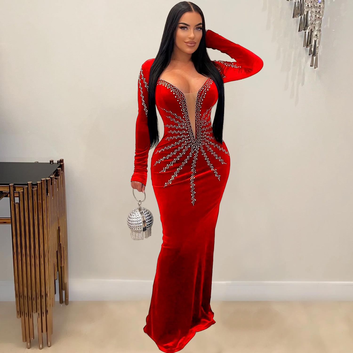 CM.YAYA Women Diamonds Hot Rhinestones Velvet Long Sleeve Mermaid Birthday Bodycon Midi Maxi Dress 2024 Sexy Party Long Dresses CM.YAYA Women Diamonds Hot Rhinestones Velvet Long Sleeve Mermaid Birthday Bodycon Midi Maxi Dress 2024 Sexy Party Long Dresses