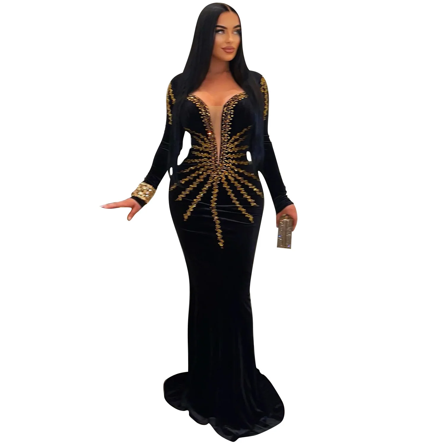 CM.YAYA Women Diamonds Hot Rhinestones Velvet Long Sleeve Mermaid Birthday Bodycon Midi Maxi Dress 2024 Sexy Party Long Dresses CM.YAYA Women Diamonds Hot Rhinestones Velvet Long Sleeve Mermaid Birthday Bodycon Midi Maxi Dress 2024 Sexy Party Long Dresses