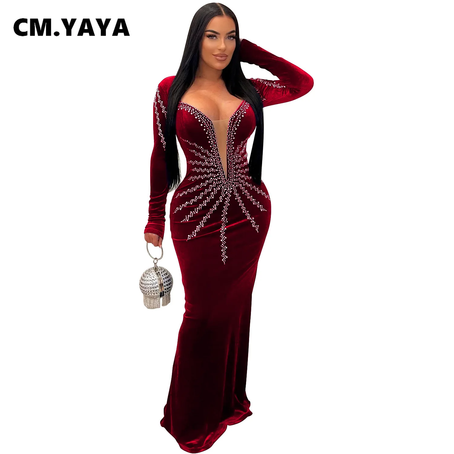 CM.YAYA Women Diamonds Hot Rhinestones Velvet Long Sleeve Mermaid Birthday Bodycon Midi Maxi Dress 2024 Sexy Party Long Dresses CM.YAYA Women Diamonds Hot Rhinestones Velvet Long Sleeve Mermaid Birthday Bodycon Midi Maxi Dress 2024 Sexy Party Long Dresses