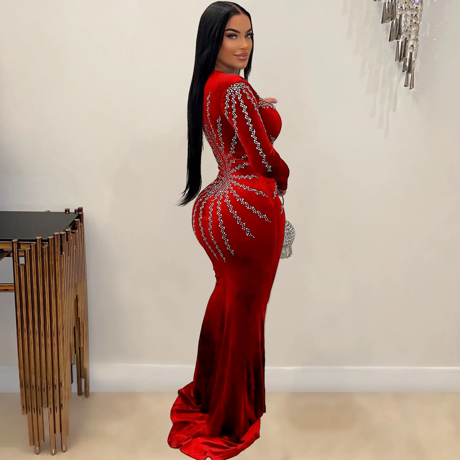 CM.YAYA Women Diamonds Hot Rhinestones Velvet Long Sleeve Mermaid Birthday Bodycon Midi Maxi Dress 2024 Sexy Party Long Dresses CM.YAYA Women Diamonds Hot Rhinestones Velvet Long Sleeve Mermaid Birthday Bodycon Midi Maxi Dress 2024 Sexy Party Long Dresses