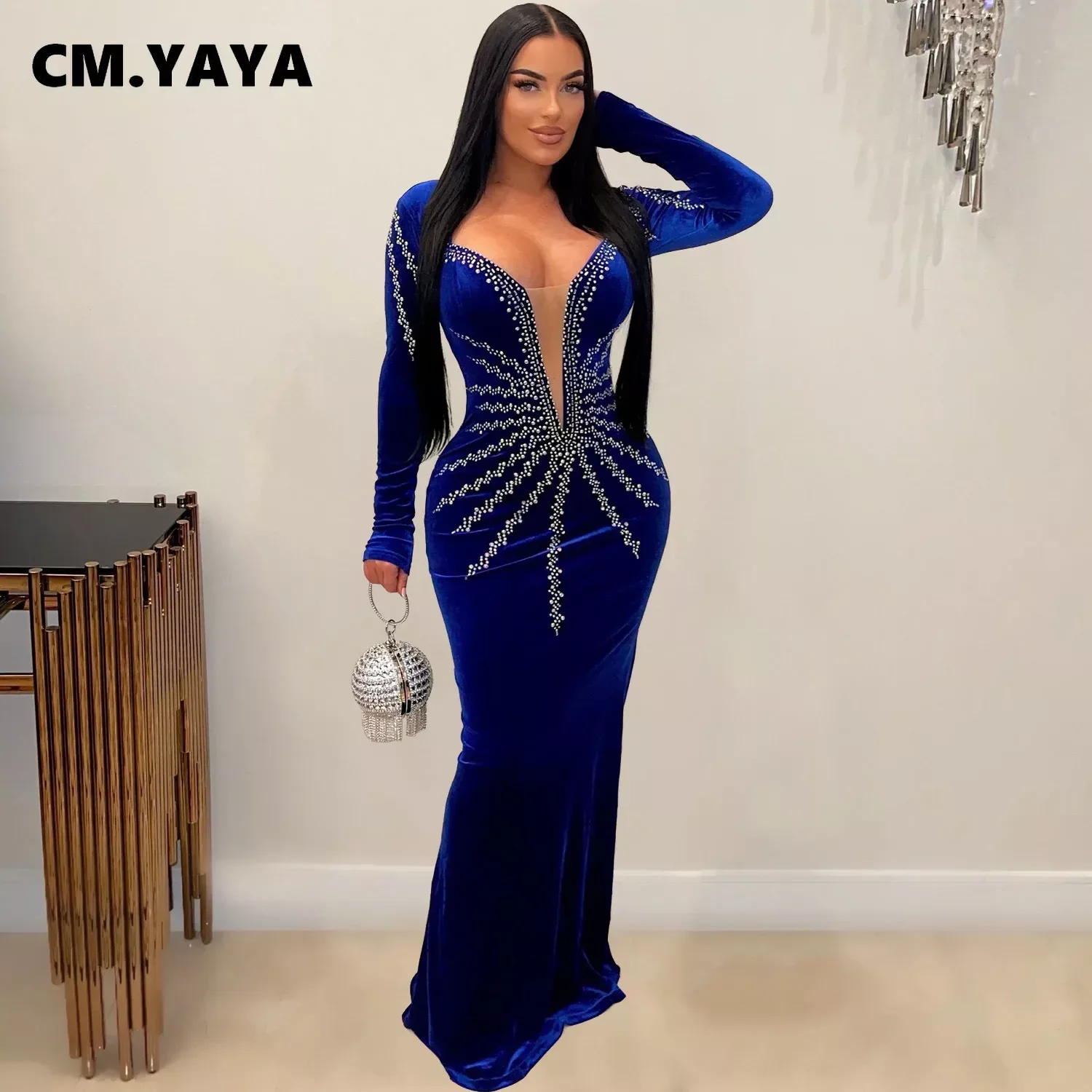 CM.YAYA Women Diamonds Hot Rhinestones Velvet Long Sleeve Mermaid Birthday Bodycon Midi Maxi Dress 2024 Sexy Party Long Dresses CM.YAYA Women Diamonds Hot Rhinestones Velvet Long Sleeve Mermaid Birthday Bodycon Midi Maxi Dress 2024 Sexy Party Long Dresses