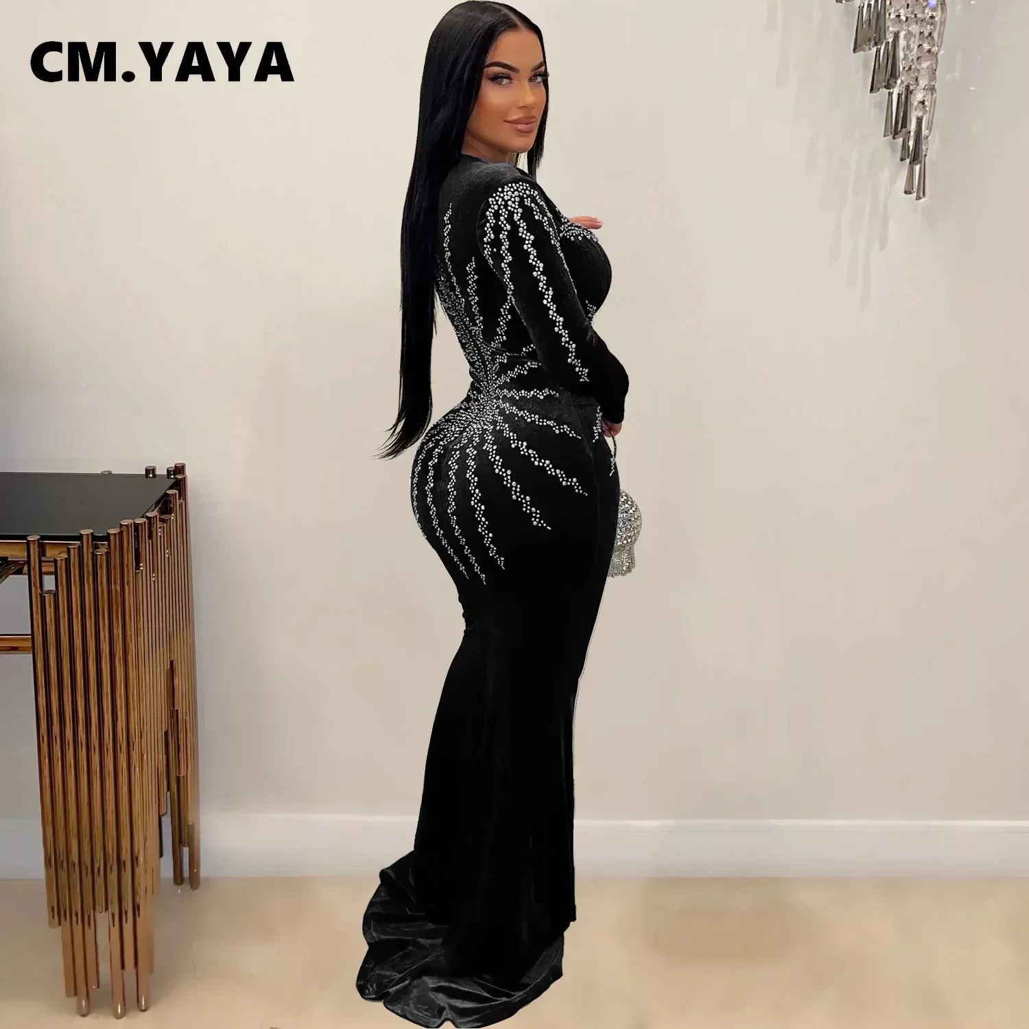 CM.YAYA Women Diamonds Hot Rhinestones Velvet Long Sleeve Mermaid Birthday Bodycon Midi Maxi Dress 2024 Sexy Party Long Dresses CM.YAYA Women Diamonds Hot Rhinestones Velvet Long Sleeve Mermaid Birthday Bodycon Midi Maxi Dress 2024 Sexy Party Long Dresses