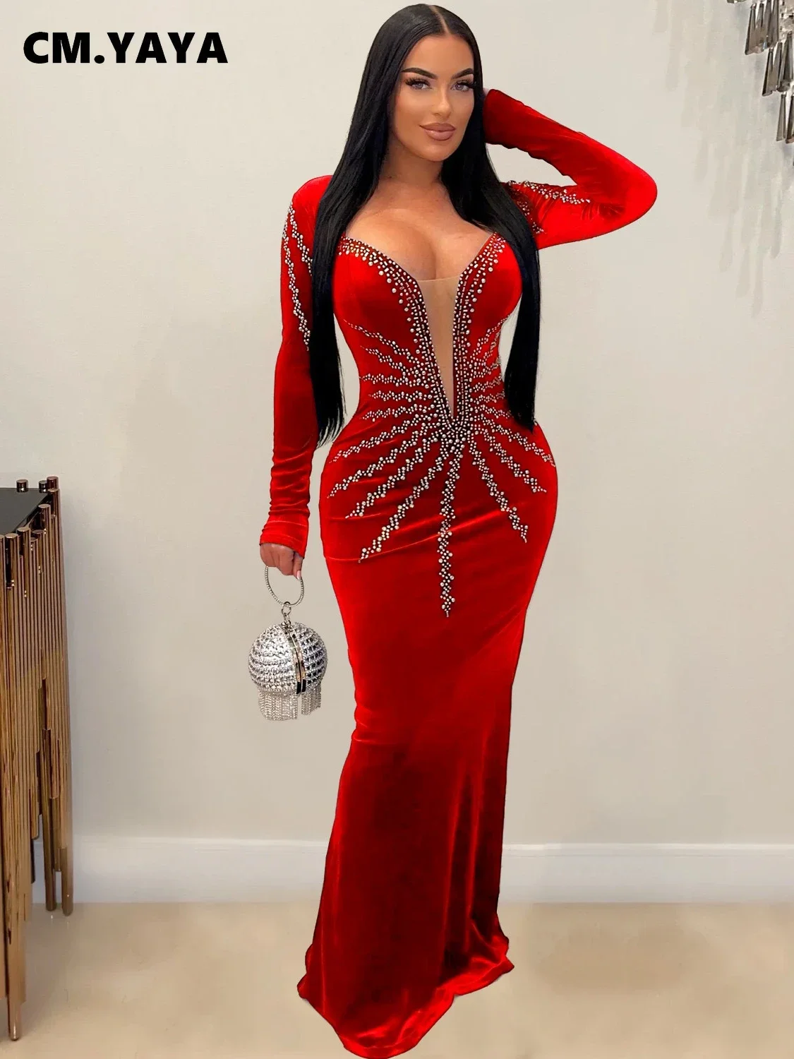 CM.YAYA Women Diamonds Hot Rhinestones Velvet Long Sleeve Mermaid Birthday Bodycon Midi Maxi Dress 2024 Sexy Party Long Dresses CM.YAYA Women Diamonds Hot Rhinestones Velvet Long Sleeve Mermaid Birthday Bodycon Midi Maxi Dress 2024 Sexy Party Long Dresses