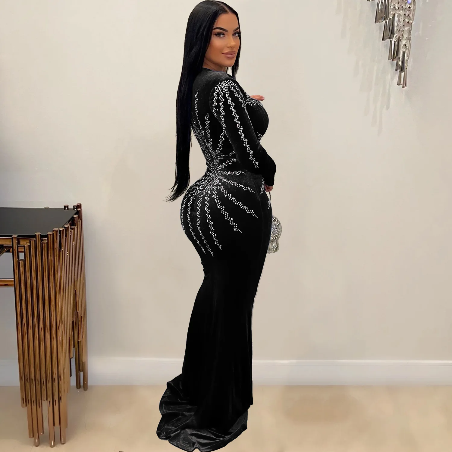 CM.YAYA Women Diamonds Hot Rhinestones Velvet Long Sleeve Mermaid Birthday Bodycon Midi Maxi Dress 2024 Sexy Party Long Dresses CM.YAYA Women Diamonds Hot Rhinestones Velvet Long Sleeve Mermaid Birthday Bodycon Midi Maxi Dress 2024 Sexy Party Long Dresses
