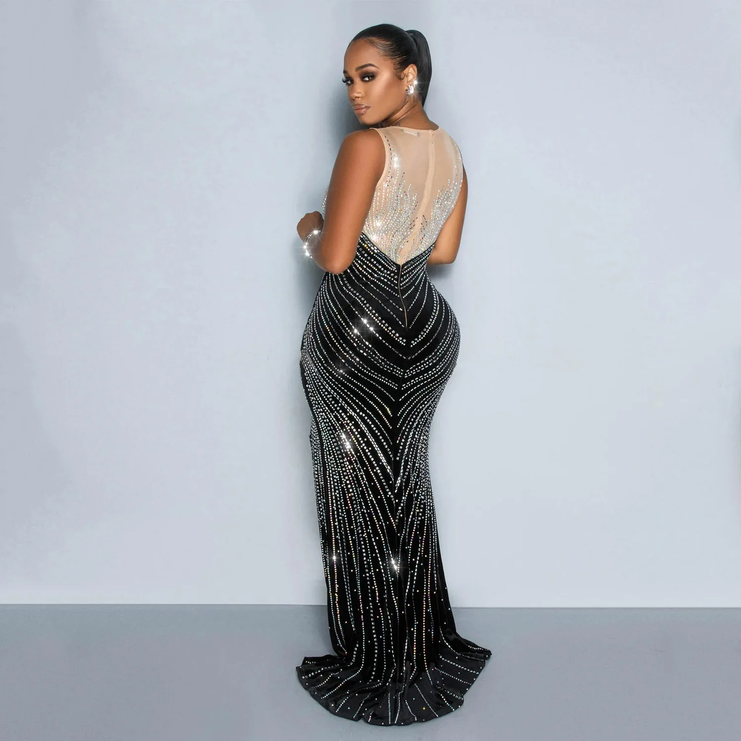 CM.YAYA Women O-neck Sleeveless Mesh Patchwork Diamonds Hot Rhinestones High Side Split Birthday Bodycon Midi Mermaid Maxi Dress