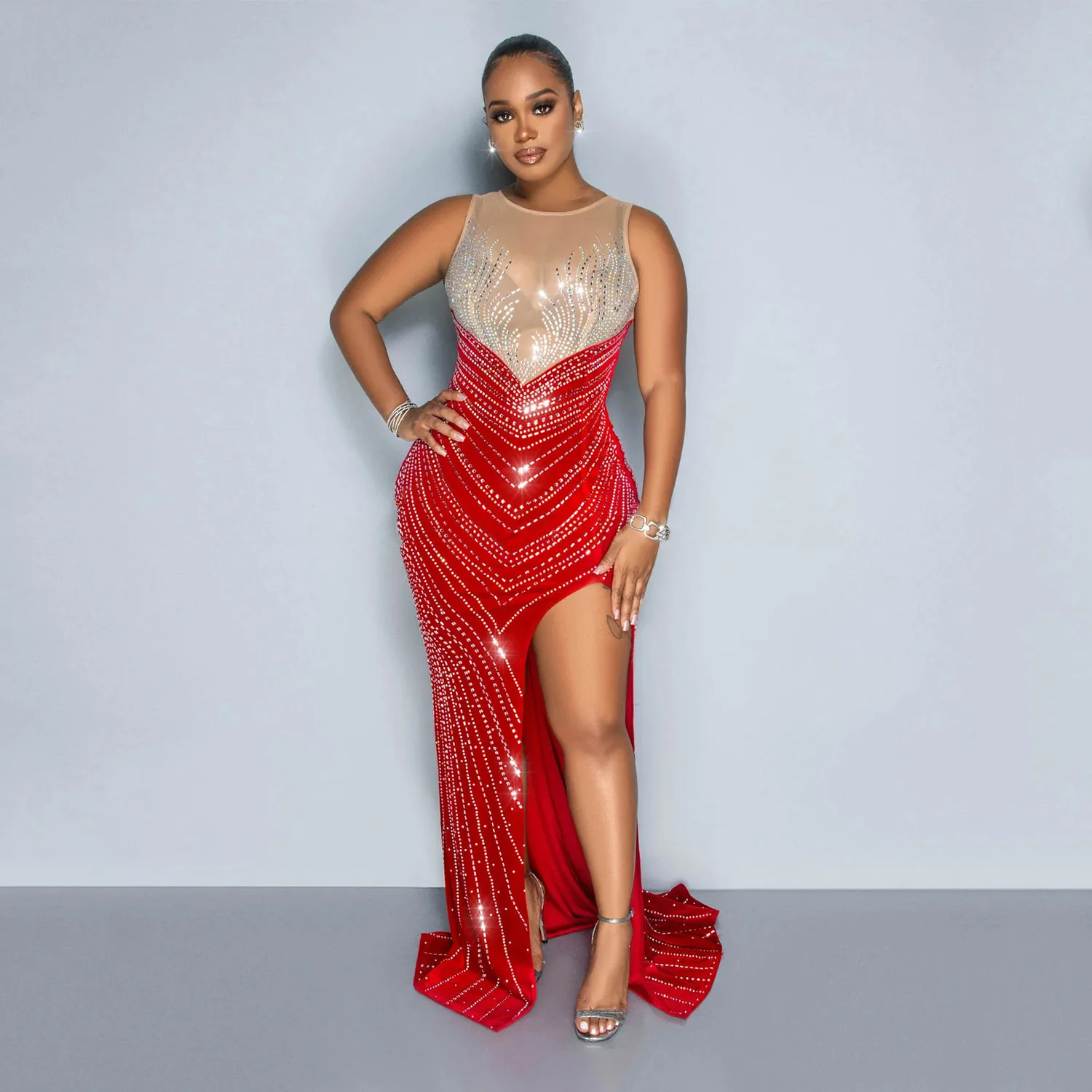 CM.YAYA Women O-neck Sleeveless Mesh Patchwork Diamonds Hot Rhinestones High Side Split Birthday Bodycon Midi Mermaid Maxi Dress