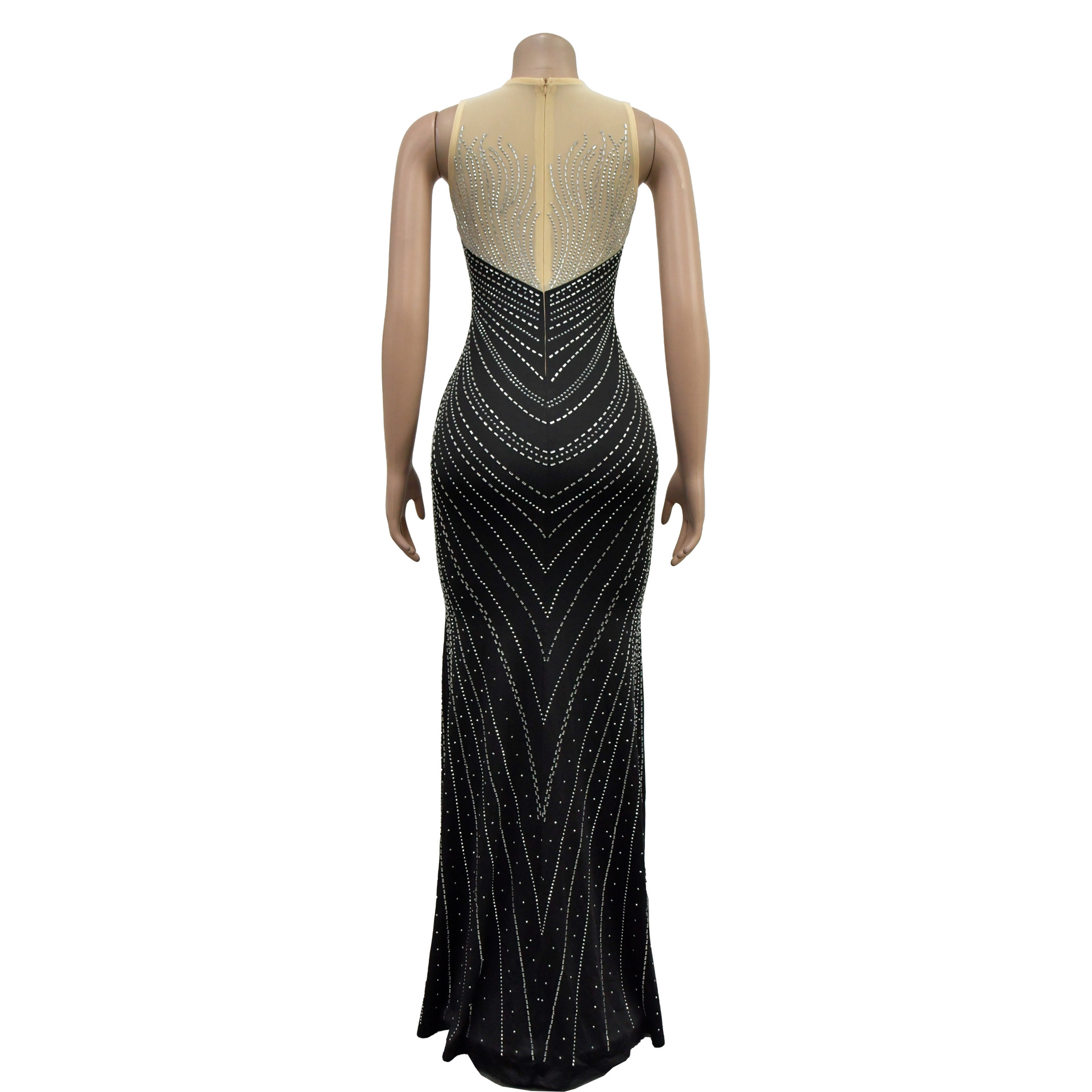 CM.YAYA Women O-neck Sleeveless Mesh Patchwork Diamonds Hot Rhinestones High Side Split Birthday Bodycon Midi Mermaid Maxi Dress