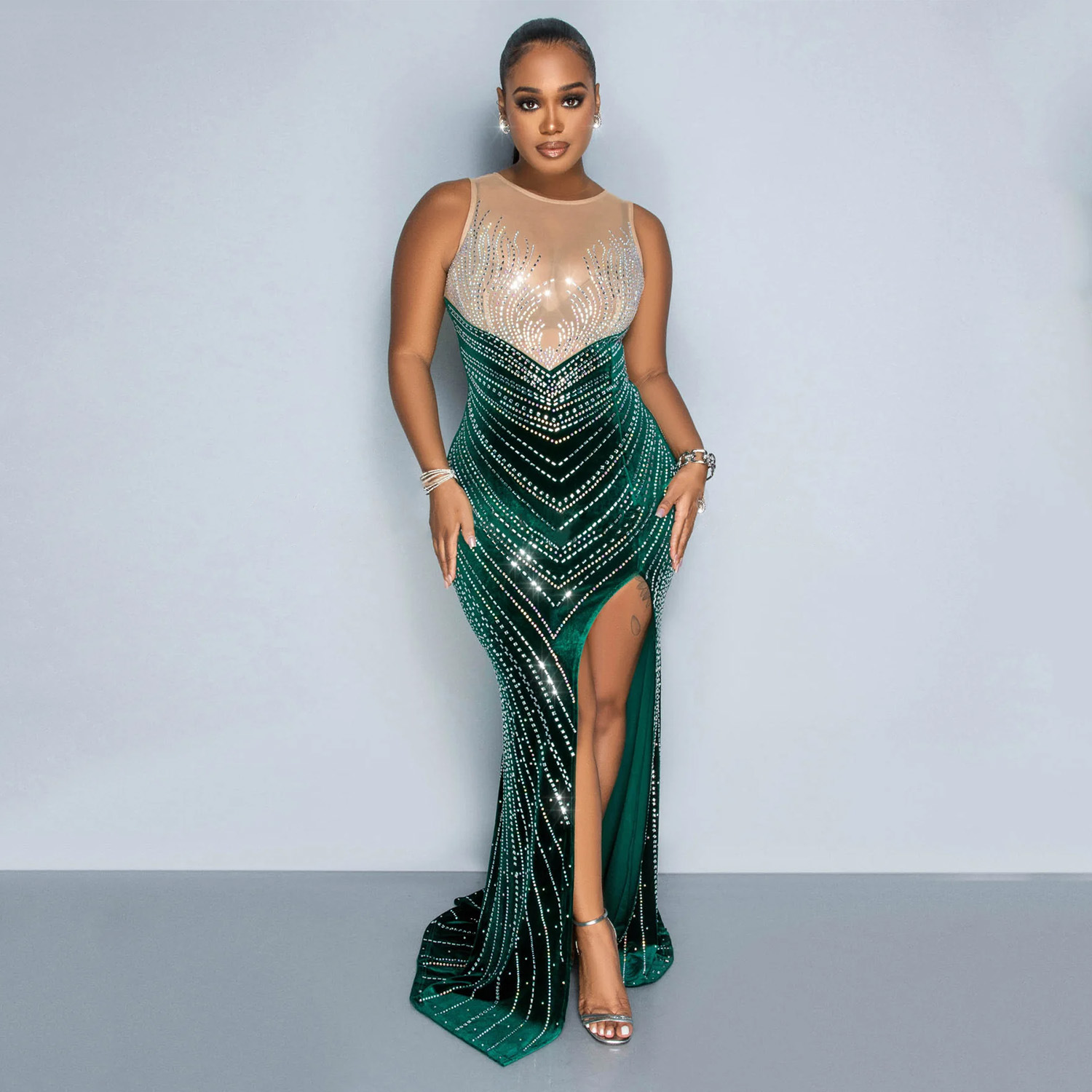 CM.YAYA Women O-neck Sleeveless Mesh Patchwork Diamonds Hot Rhinestones High Side Split Birthday Bodycon Midi Mermaid Maxi Dress