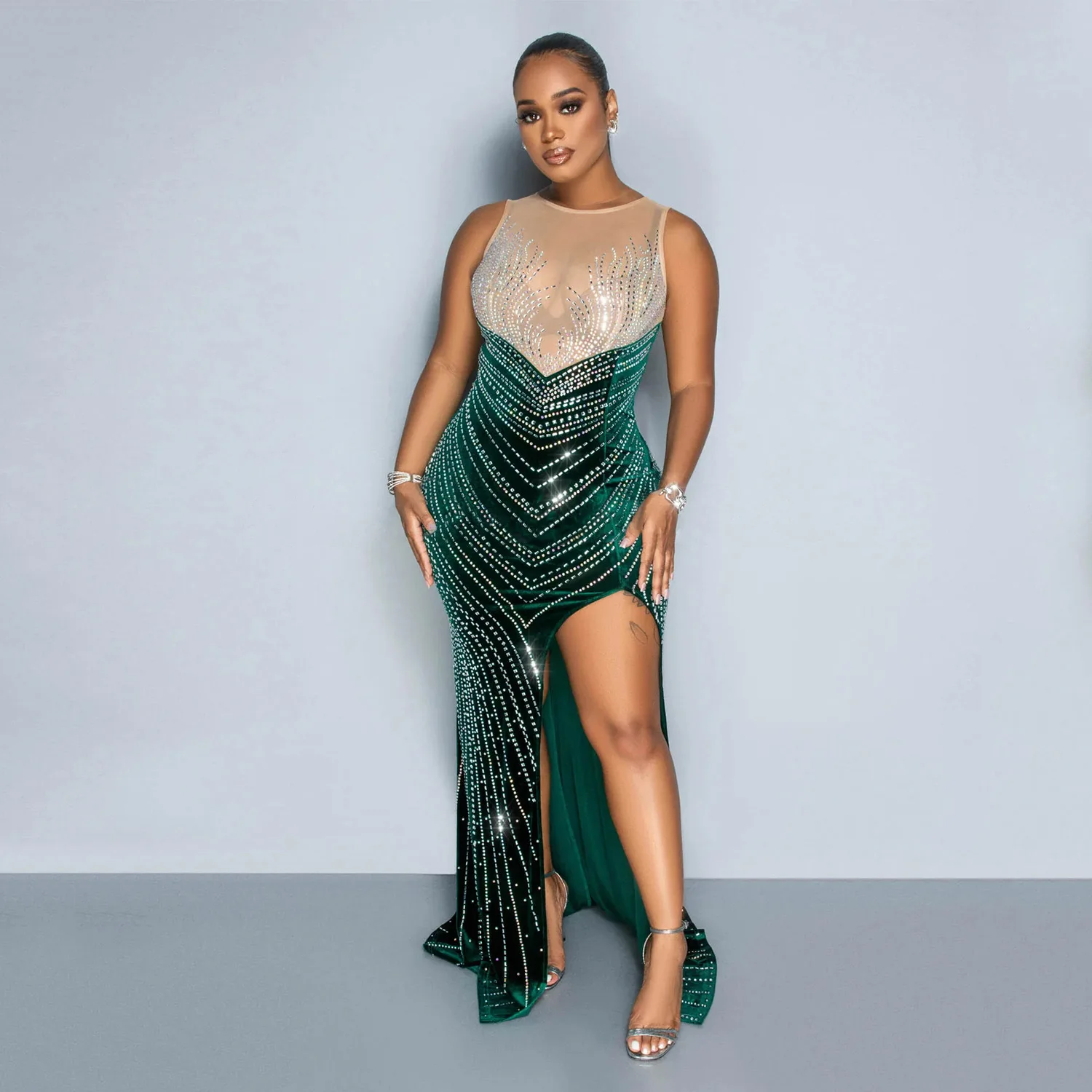 CM.YAYA Women O-neck Sleeveless Mesh Patchwork Diamonds Hot Rhinestones High Side Split Birthday Bodycon Midi Mermaid Maxi Dress