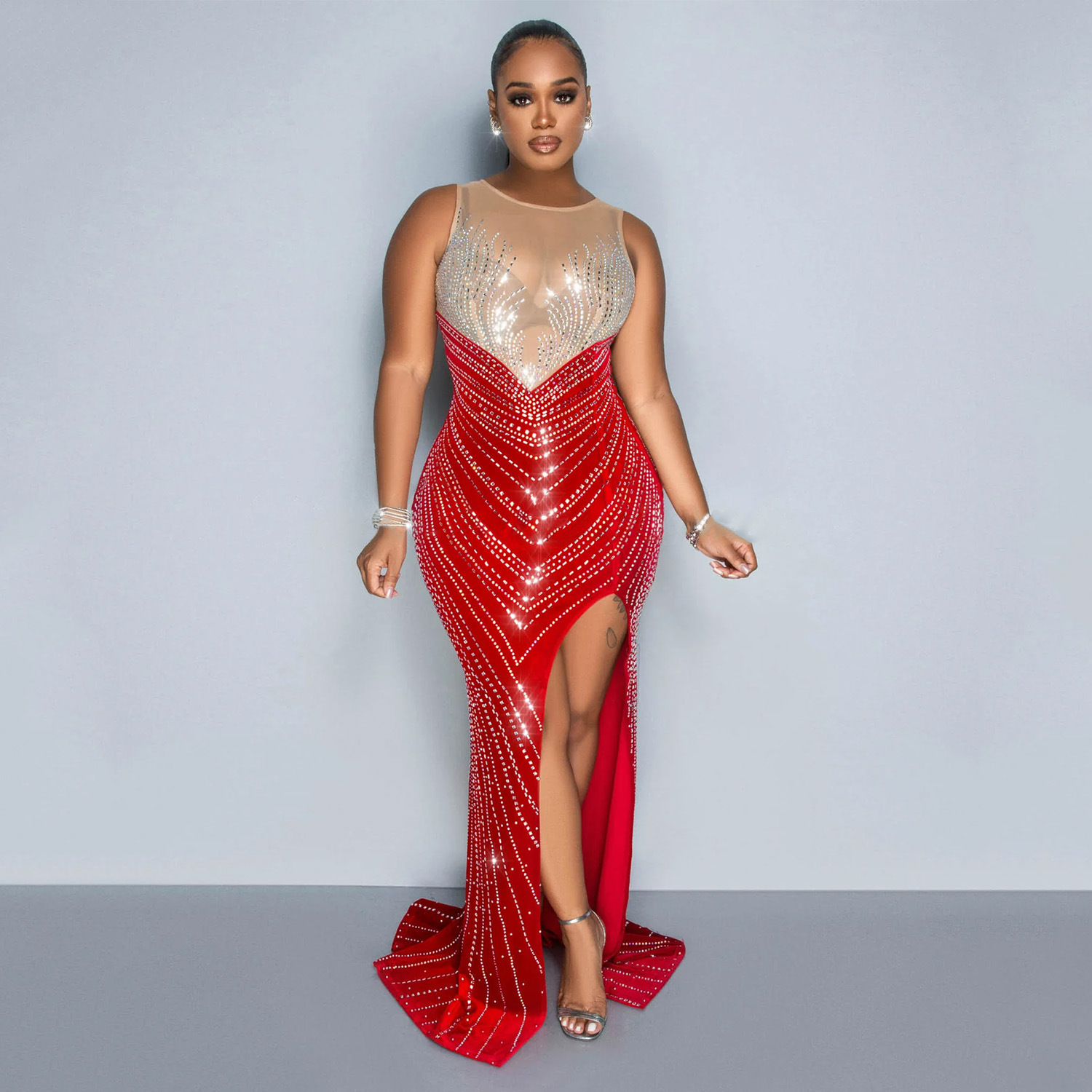 CM.YAYA Women O-neck Sleeveless Mesh Patchwork Diamonds Hot Rhinestones High Side Split Birthday Bodycon Midi Mermaid Maxi Dress