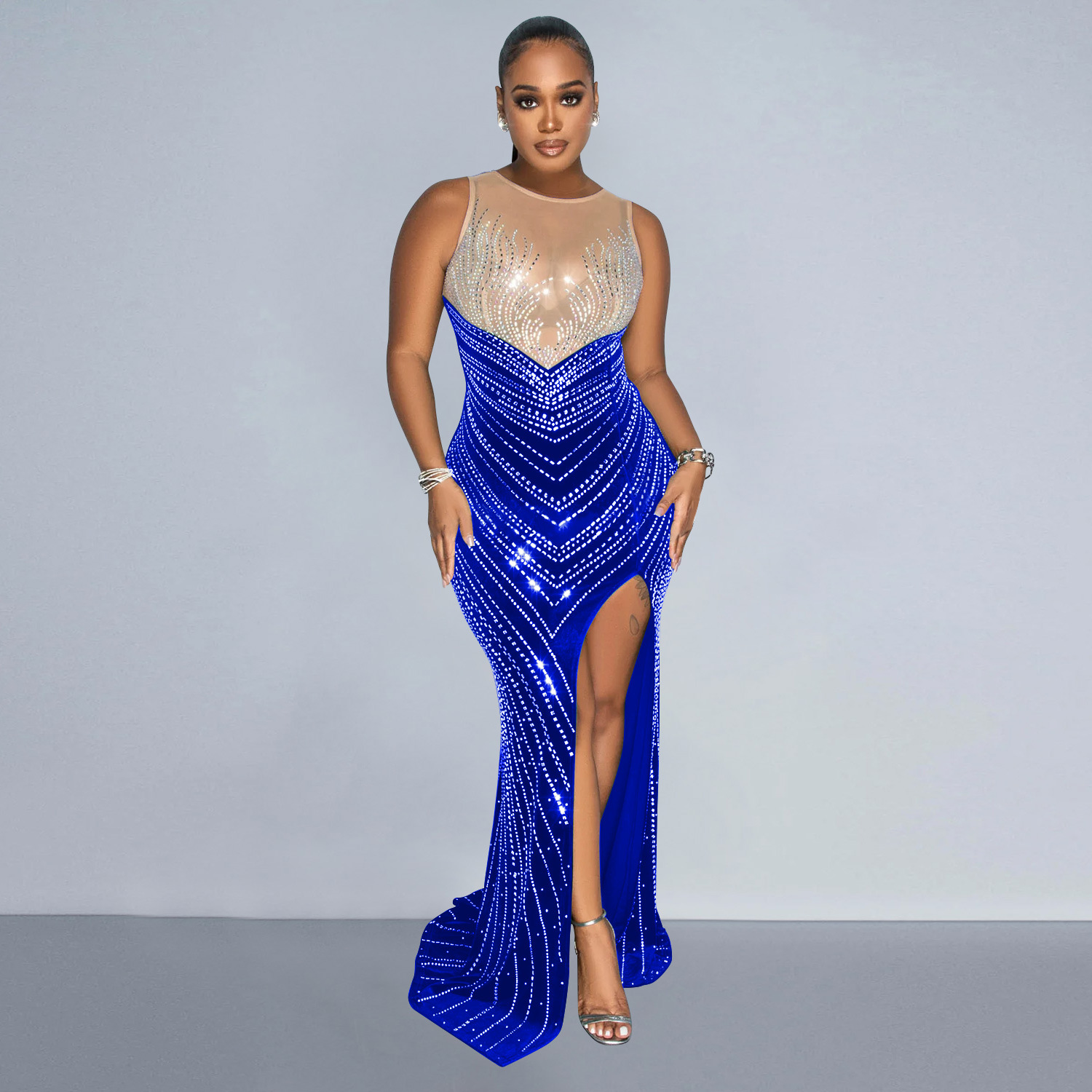 CM.YAYA Women O-neck Sleeveless Mesh Patchwork Diamonds Hot Rhinestones High Side Split Birthday Bodycon Midi Mermaid Maxi Dress