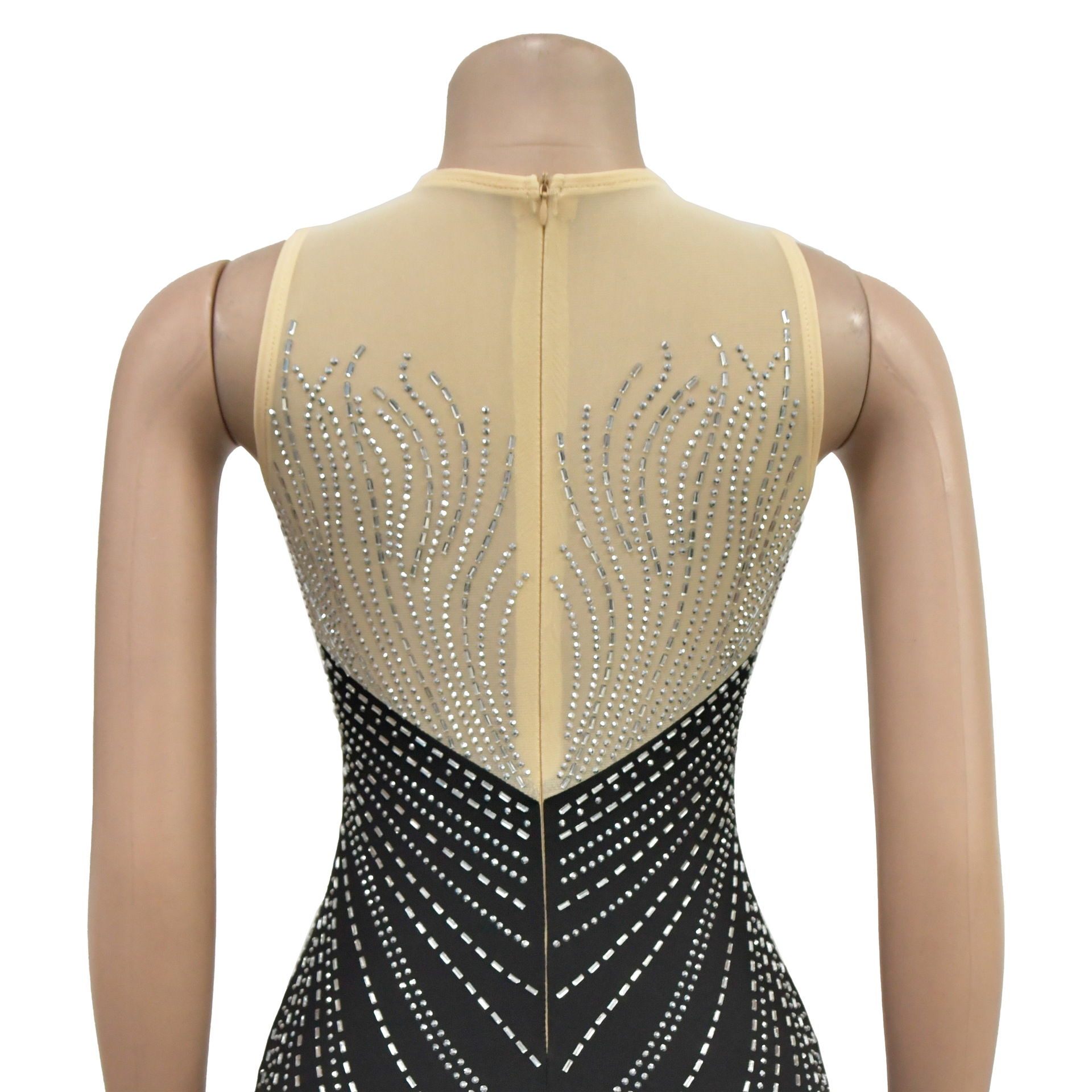 CM.YAYA Women O-neck Sleeveless Mesh Patchwork Diamonds Hot Rhinestones High Side Split Birthday Bodycon Midi Mermaid Maxi Dress