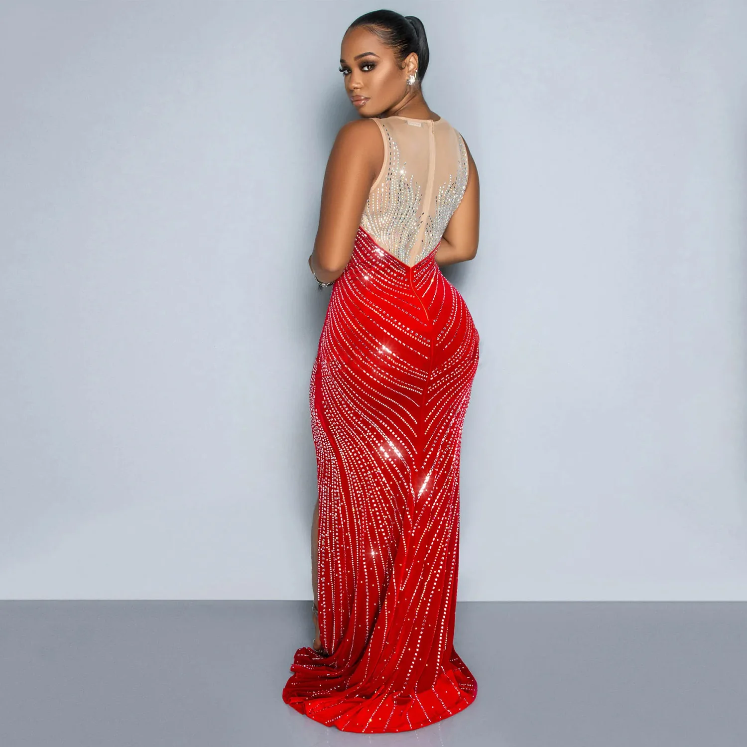 CM.YAYA Women O-neck Sleeveless Mesh Patchwork Diamonds Hot Rhinestones High Side Split Birthday Bodycon Midi Mermaid Maxi Dress