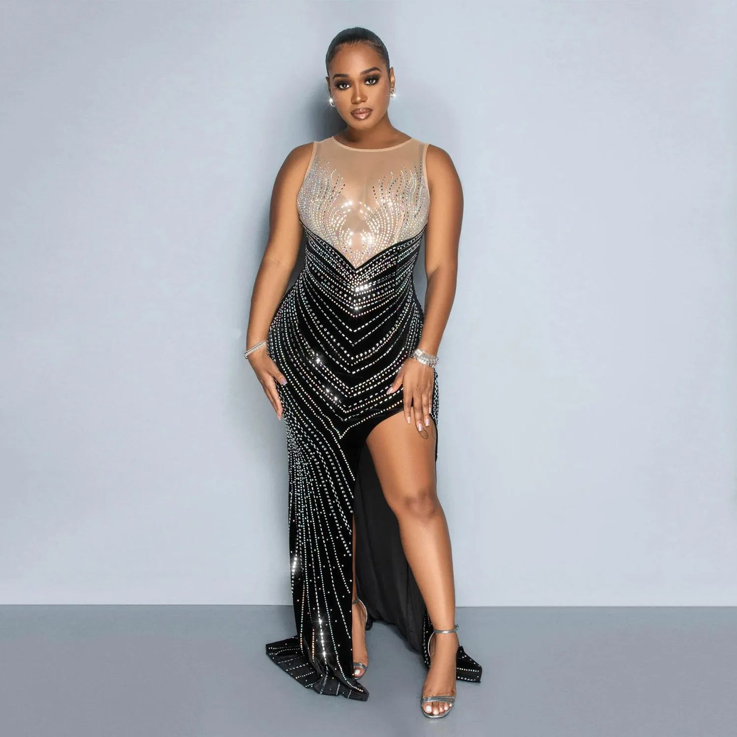 CM.YAYA Women O-neck Sleeveless Mesh Patchwork Diamonds Hot Rhinestones High Side Split Birthday Bodycon Midi Mermaid Maxi Dress