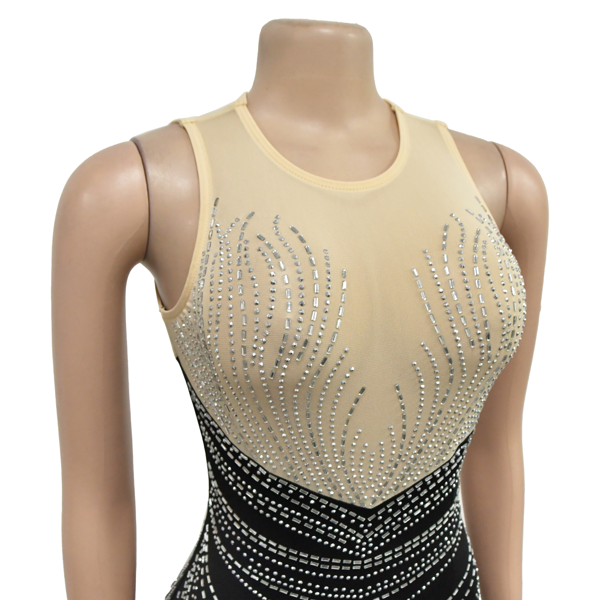 CM.YAYA Women O-neck Sleeveless Mesh Patchwork Diamonds Hot Rhinestones High Side Split Birthday Bodycon Midi Mermaid Maxi Dress