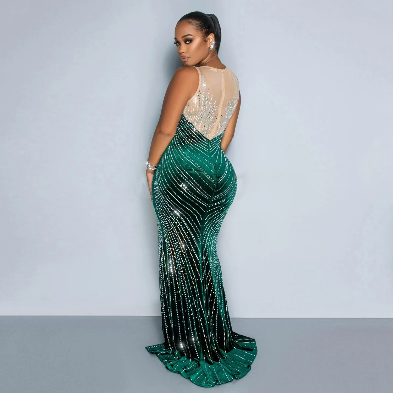 CM.YAYA Women O-neck Sleeveless Mesh Patchwork Diamonds Hot Rhinestones High Side Split Birthday Bodycon Midi Mermaid Maxi Dress