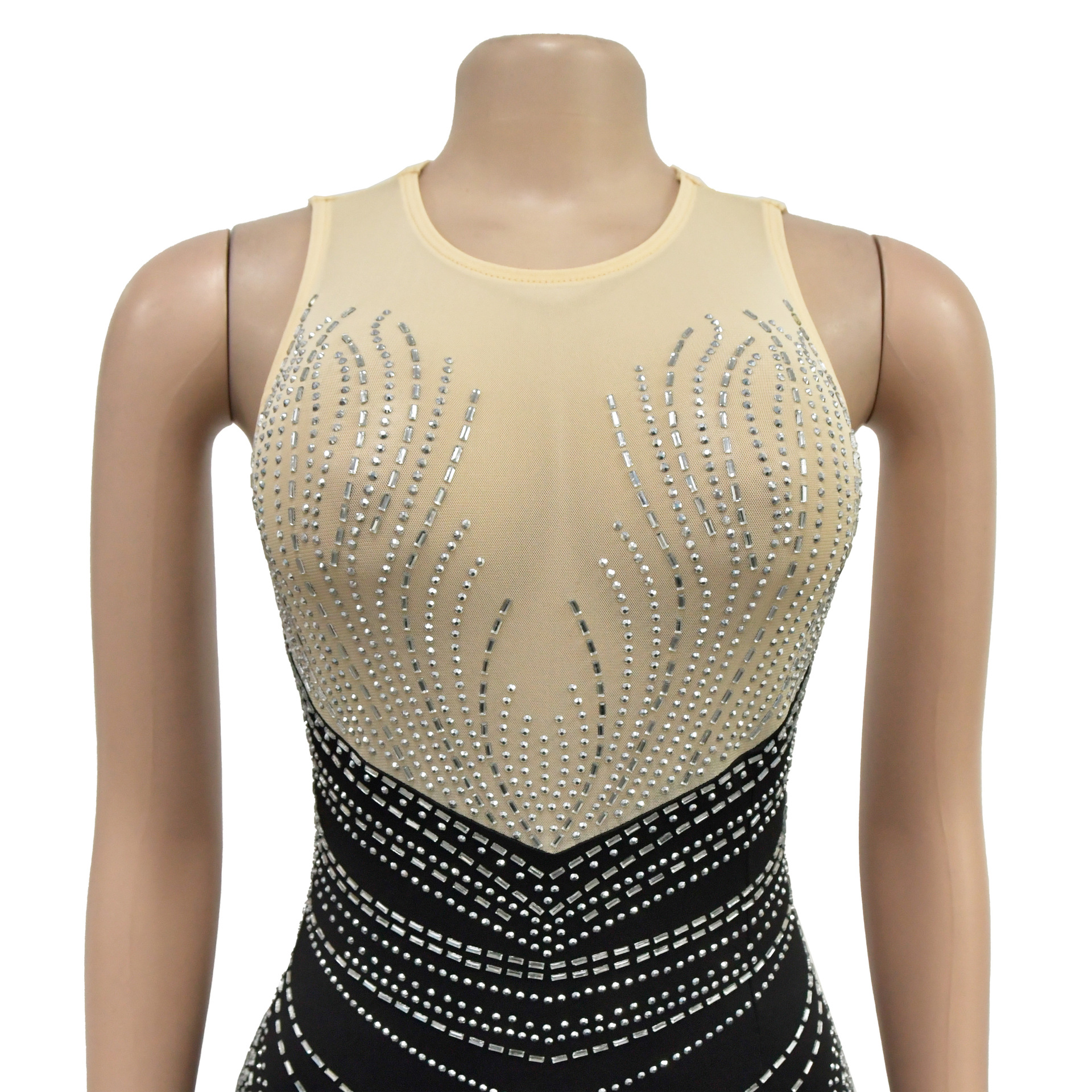 CM.YAYA Women O-neck Sleeveless Mesh Patchwork Diamonds Hot Rhinestones High Side Split Birthday Bodycon Midi Mermaid Maxi Dress