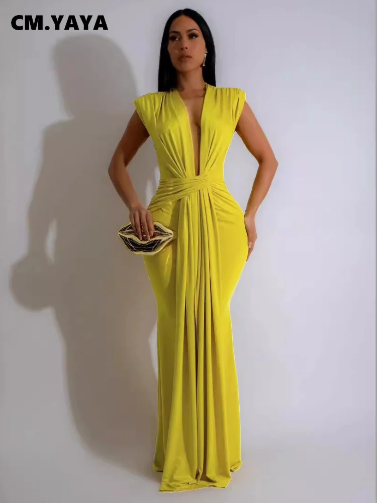 CM.YAYA Women Sleeveless Ruched Deep V-neck Long Maxi Dress 2024 Street Evening Birthday Night Club Party Vestidos Sexy Dresses