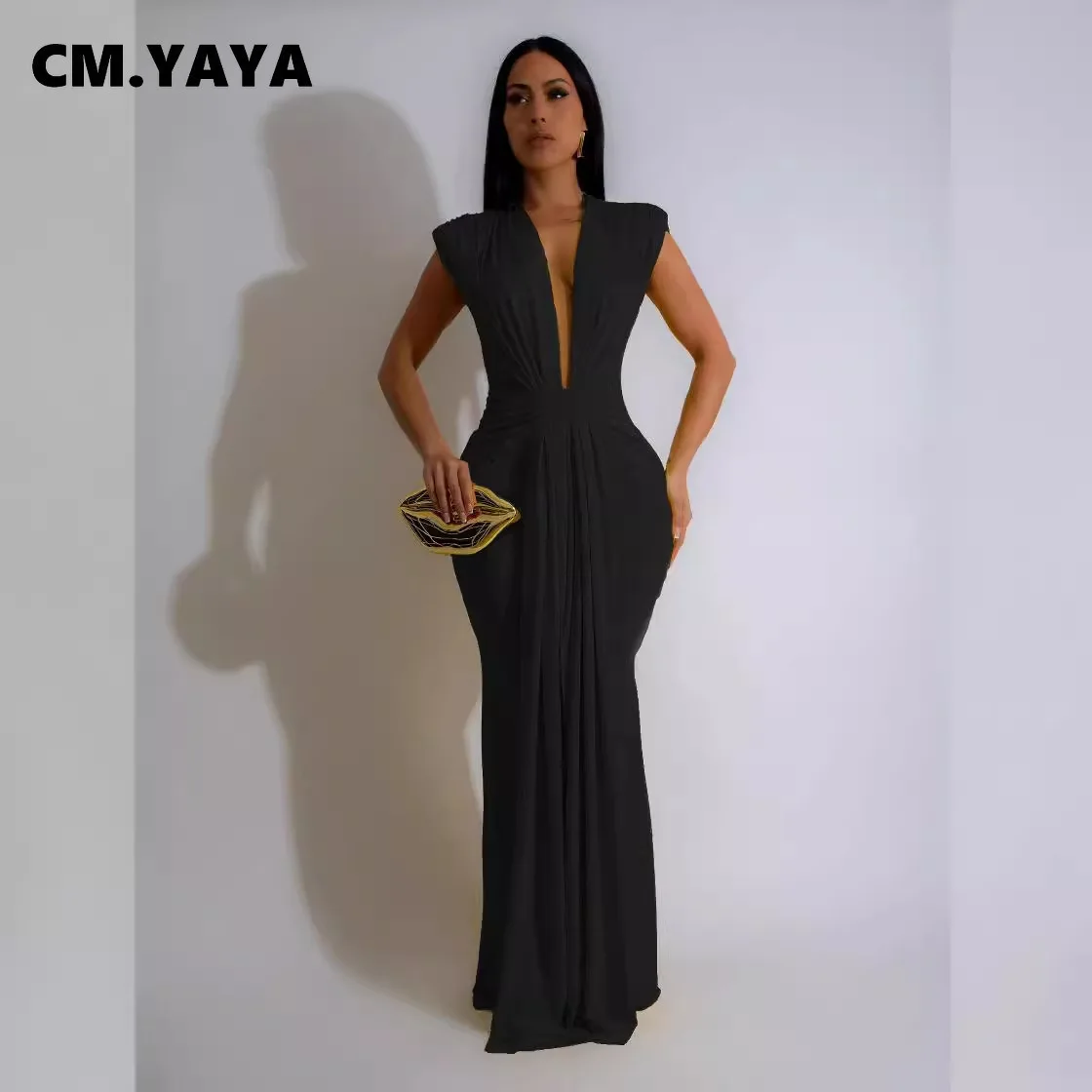 CM.YAYA Women Sleeveless Ruched Deep V-neck Long Maxi Dress 2024 Street Evening Birthday Night Club Party Vestidos Sexy Dresses
