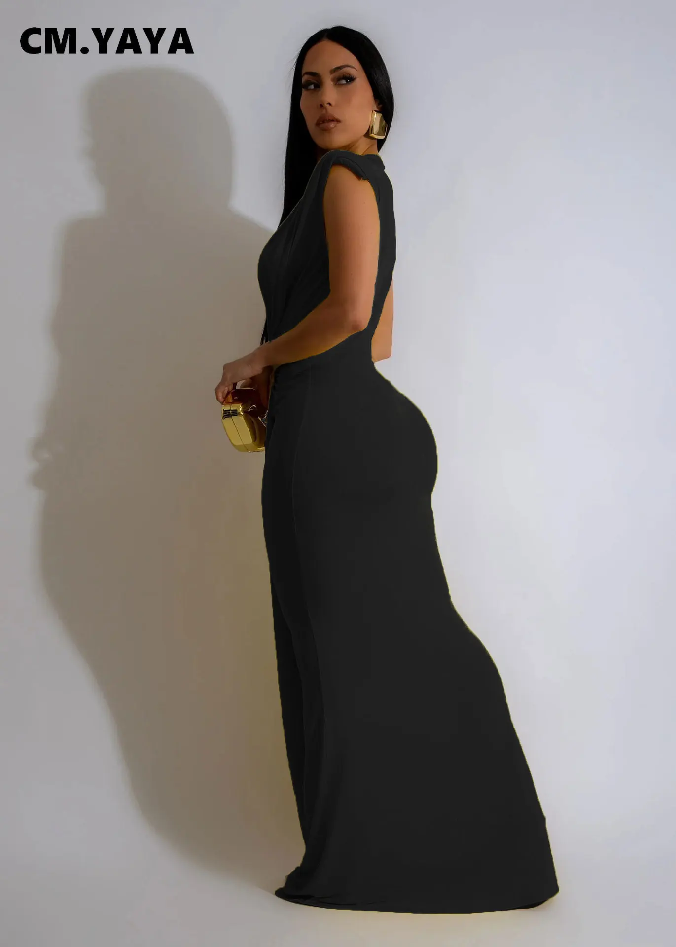 CM.YAYA Women Sleeveless Ruched Deep V-neck Long Maxi Dress 2024 Street Evening Birthday Night Club Party Vestidos Sexy Dresses