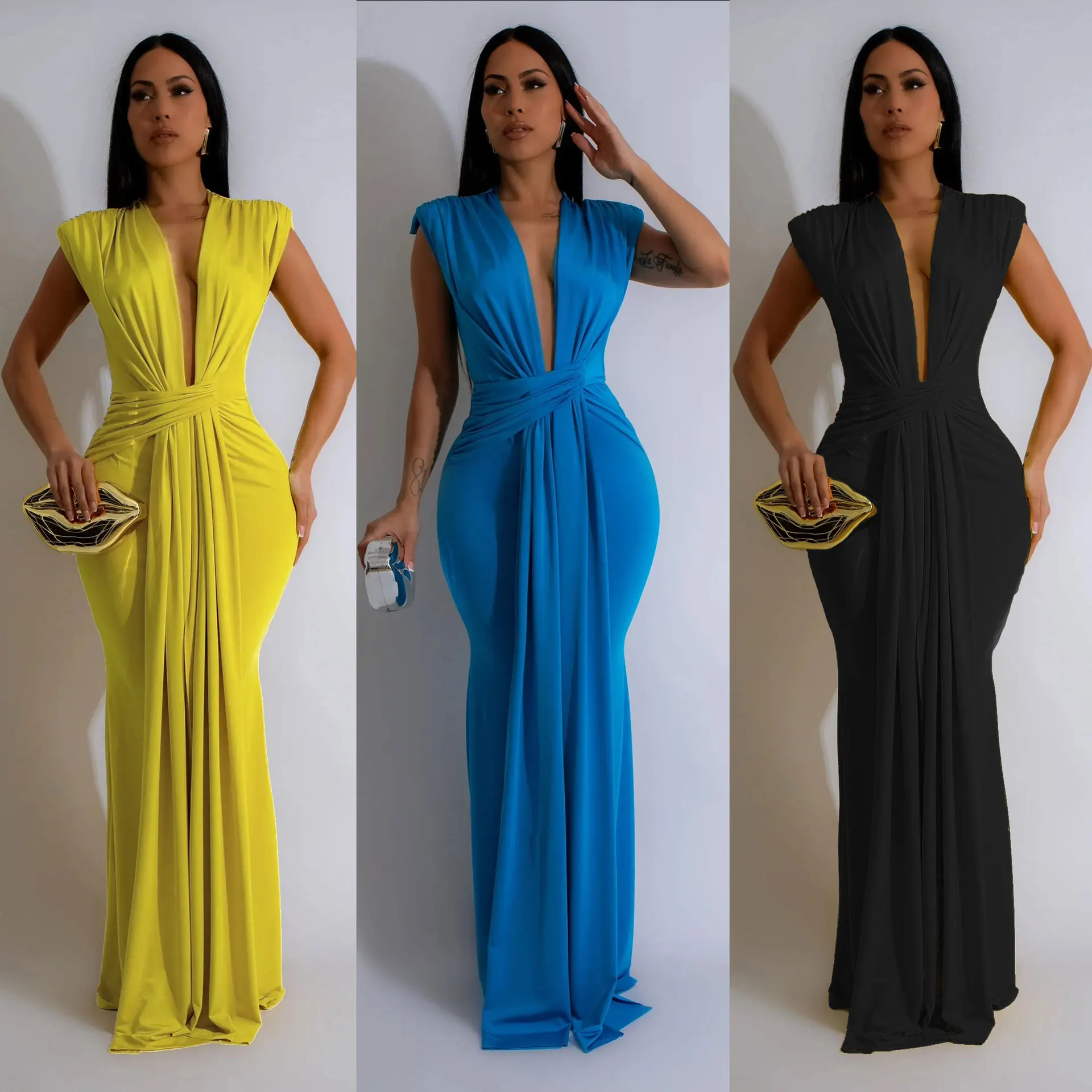 CM.YAYA Women Sleeveless Ruched Deep V-neck Long Maxi Dress 2024 Street Evening Birthday Night Club Party Vestidos Sexy Dresses