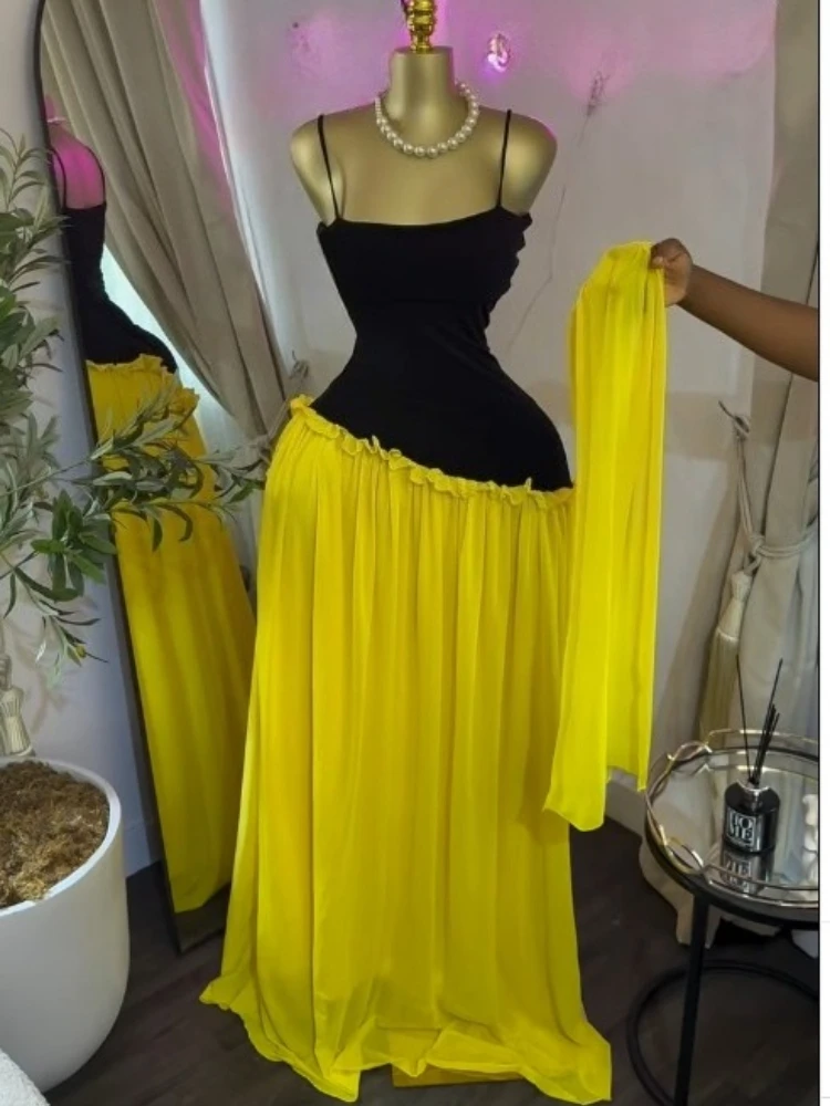 CM.YAYA Women Spaghetti Strap Skew Waist Patchwork A-line Maxi Dress with Scarf 2026 Street Beach Birthday Holiday Long Dresses CM.YAYA Women Spaghetti Strap Skew Waist Patchwork A-line Maxi Dress with Scarf 2026 Street Beach Birthday Holiday Long Dresses