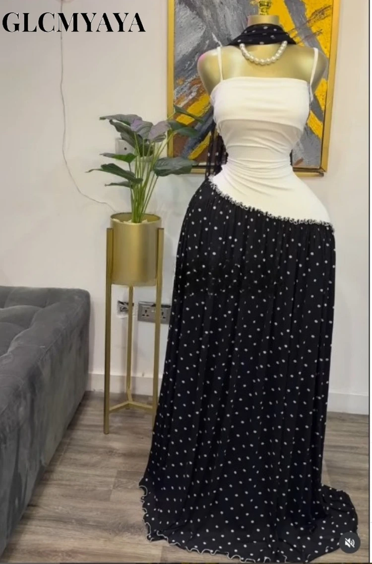 CM.YAYA Women Spaghetti Strap Skew Waist Patchwork A-line Maxi Dress with Scarf 2026 Street Beach Birthday Holiday Long Dresses