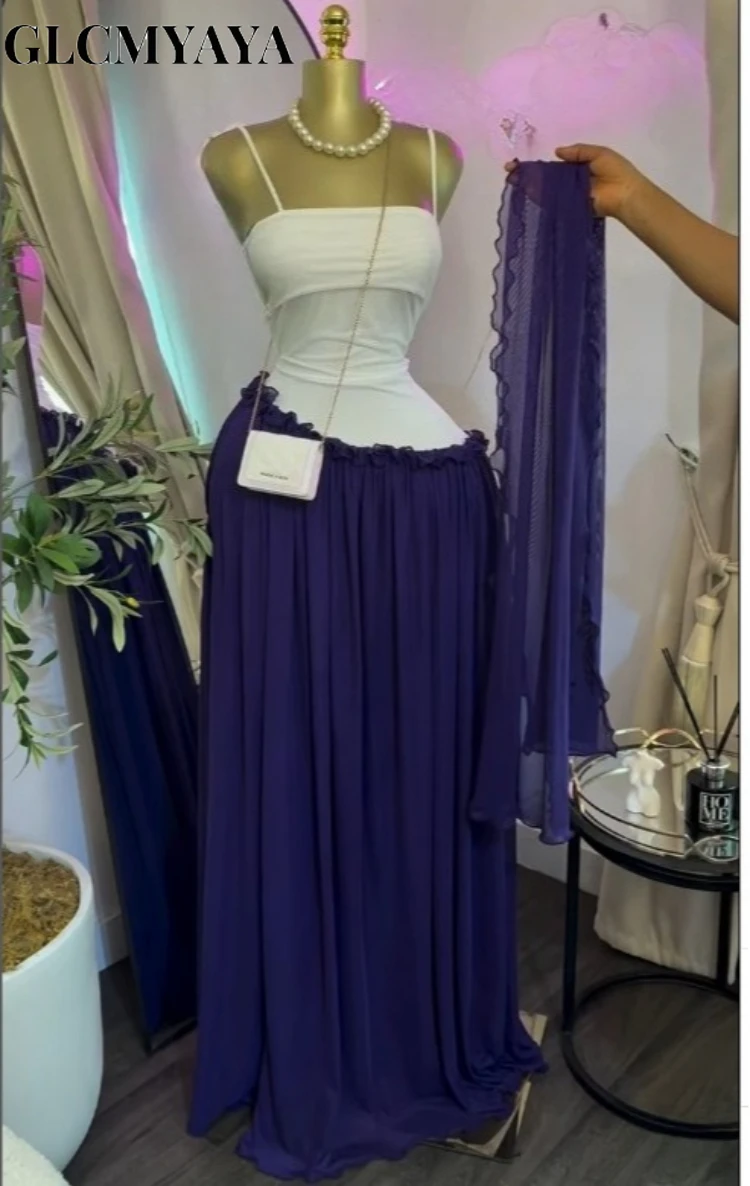 CM.YAYA Women Spaghetti Strap Skew Waist Patchwork A-line Maxi Dress with Scarf 2026 Street Beach Birthday Holiday Long Dresses CM.YAYA Women Spaghetti Strap Skew Waist Patchwork A-line Maxi Dress with Scarf 2026 Street Beach Birthday Holiday Long Dresses