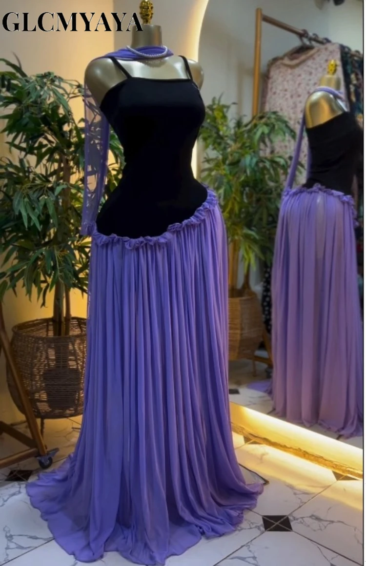 CM.YAYA Women Spaghetti Strap Skew Waist Patchwork A-line Maxi Dress with Scarf 2026 Street Beach Birthday Holiday Long Dresses CM.YAYA Women Spaghetti Strap Skew Waist Patchwork A-line Maxi Dress with Scarf 2026 Street Beach Birthday Holiday Long Dresses