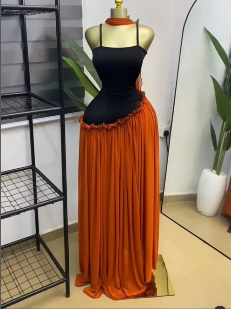 CM.YAYA Women Spaghetti Strap Skew Waist Patchwork A-line Maxi Dress with Scarf 2026 Street Beach Birthday Holiday Long Dresses CM.YAYA Women Spaghetti Strap Skew Waist Patchwork A-line Maxi Dress with Scarf 2026 Street Beach Birthday Holiday Long Dresses