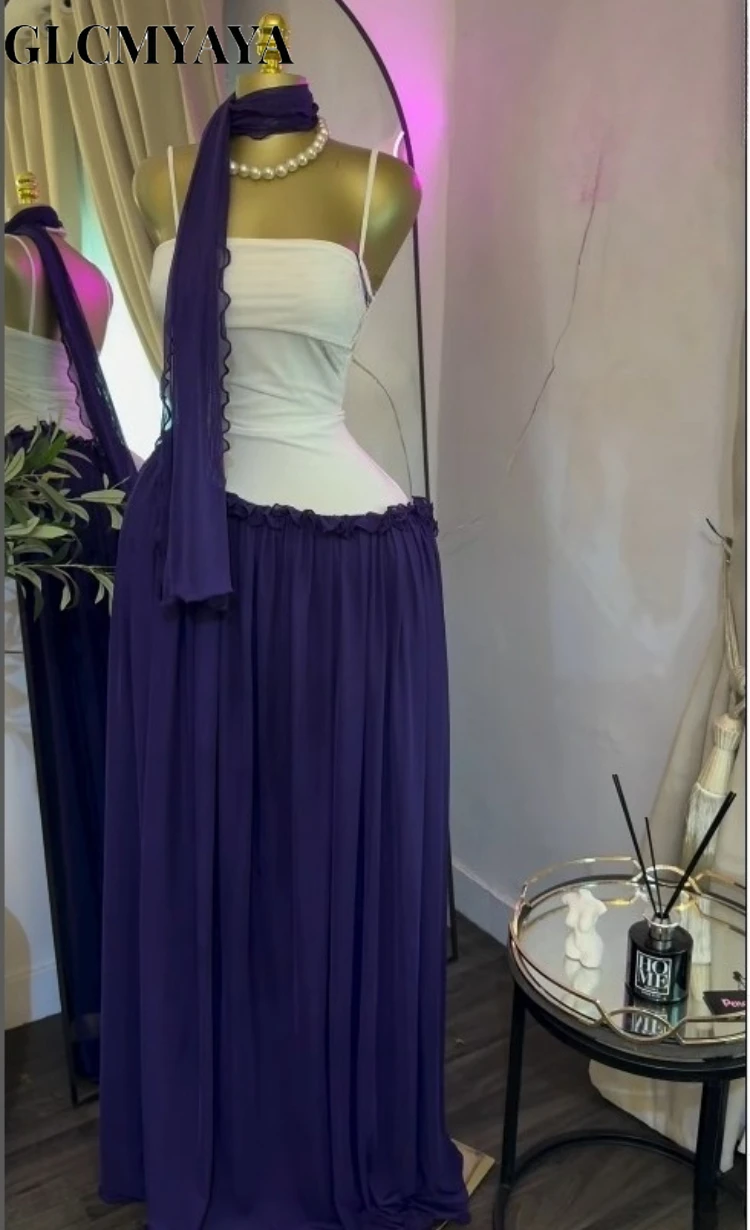 CM.YAYA Women Spaghetti Strap Skew Waist Patchwork A-line Maxi Dress with Scarf 2026 Street Beach Birthday Holiday Long Dresses