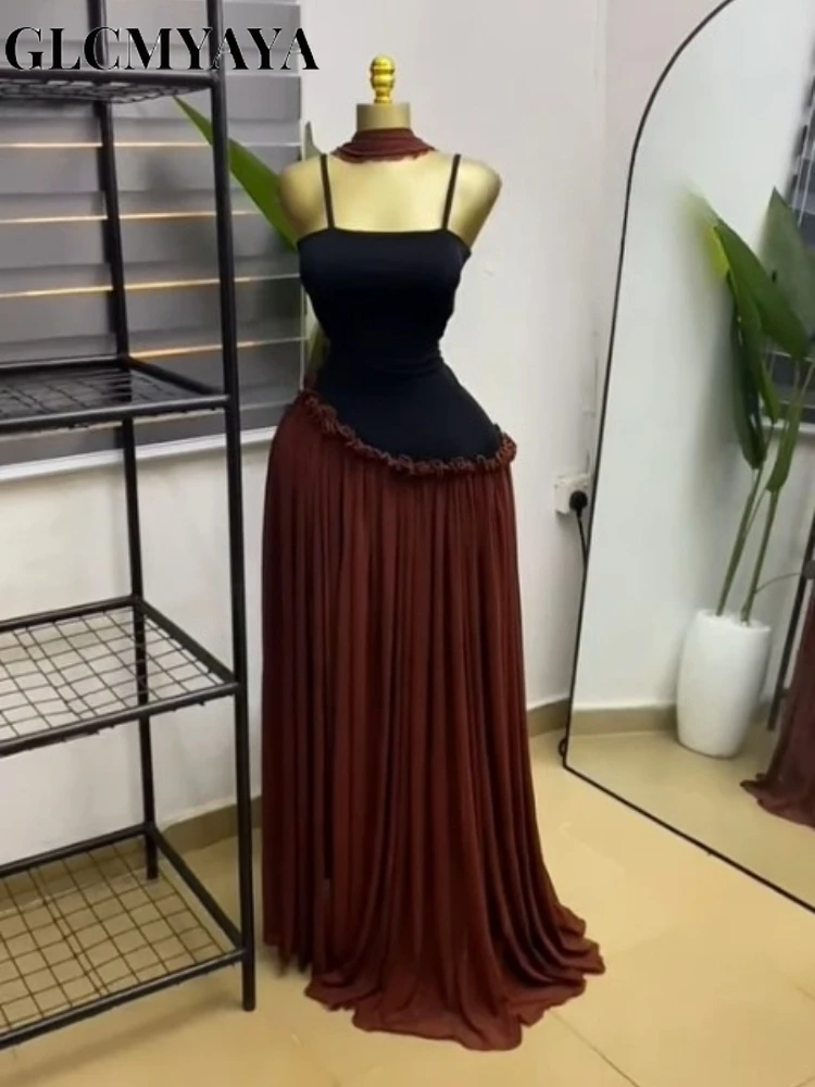 CM.YAYA Women Spaghetti Strap Skew Waist Patchwork A-line Maxi Dress with Scarf 2026 Street Beach Birthday Holiday Long Dresses