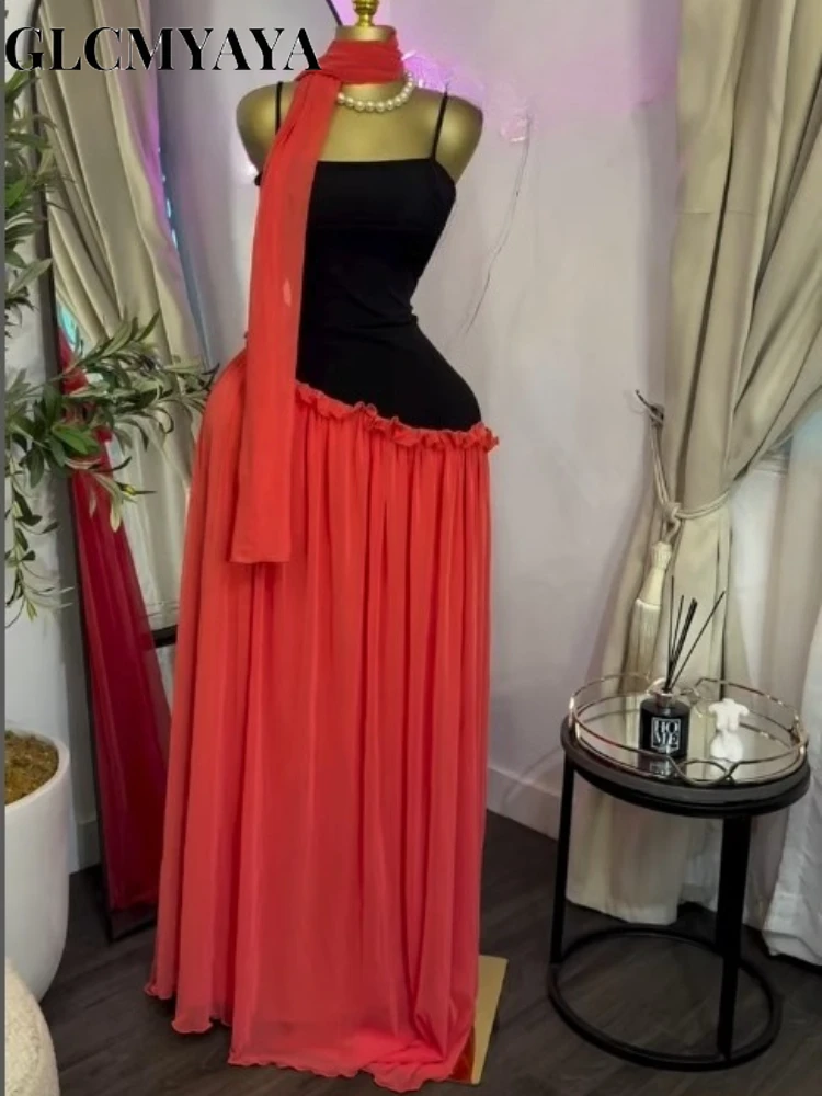 CM.YAYA Women Spaghetti Strap Skew Waist Patchwork A-line Maxi Dress with Scarf 2026 Street Beach Birthday Holiday Long Dresses