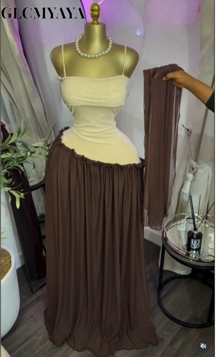 CM.YAYA Women Spaghetti Strap Skew Waist Patchwork A-line Maxi Dress with Scarf 2026 Street Beach Birthday Holiday Long Dresses CM.YAYA Women Spaghetti Strap Skew Waist Patchwork A-line Maxi Dress with Scarf 2026 Street Beach Birthday Holiday Long Dresses