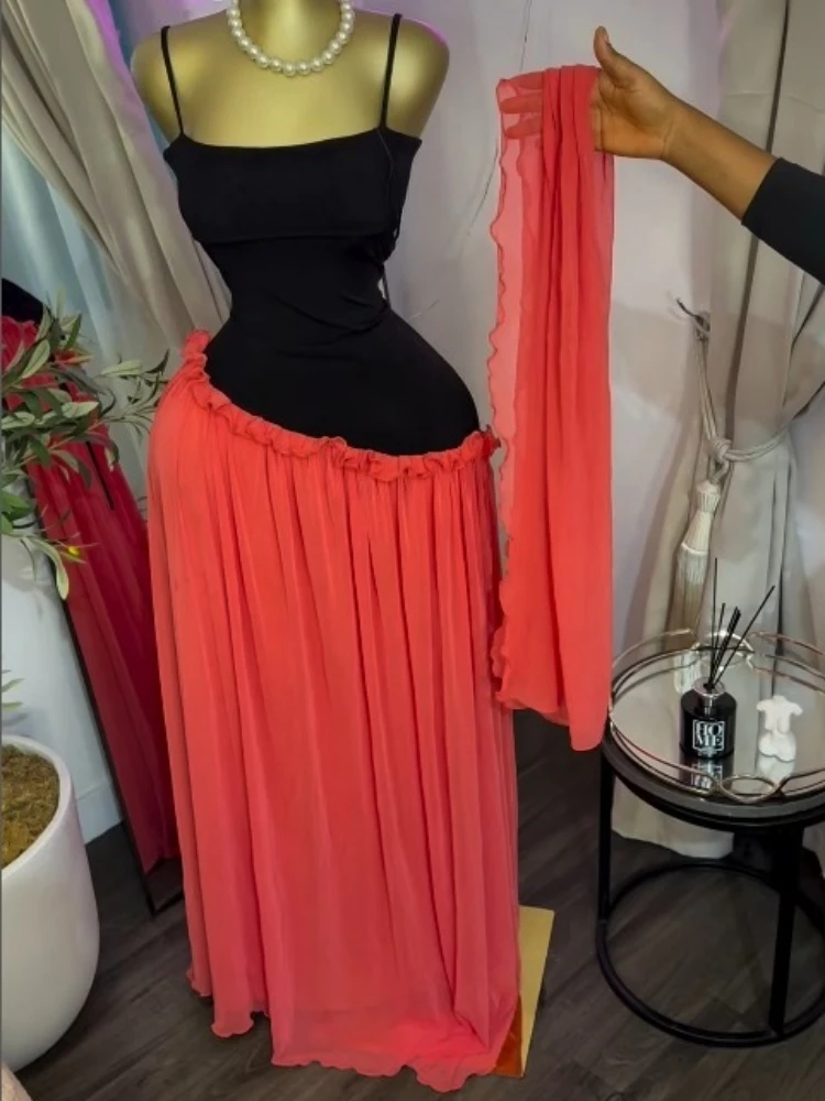 CM.YAYA Women Spaghetti Strap Skew Waist Patchwork A-line Maxi Dress with Scarf 2026 Street Beach Birthday Holiday Long Dresses CM.YAYA Women Spaghetti Strap Skew Waist Patchwork A-line Maxi Dress with Scarf 2026 Street Beach Birthday Holiday Long Dresses