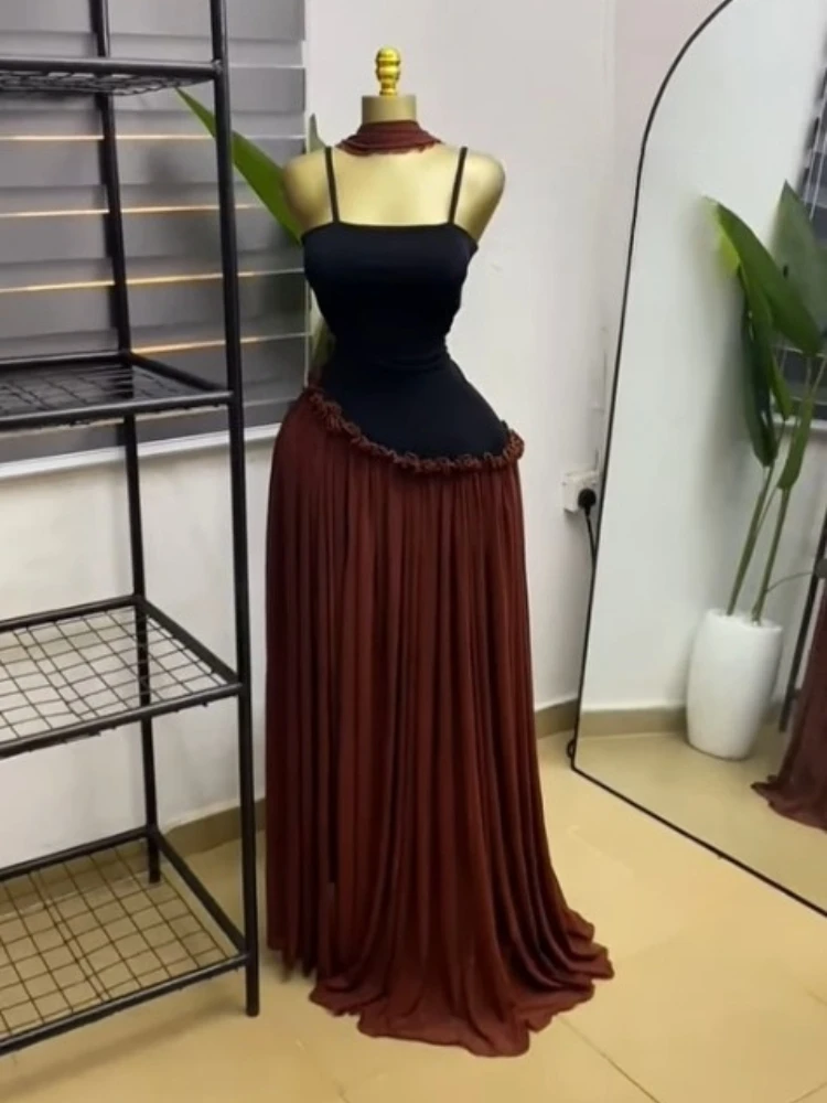 CM.YAYA Women Spaghetti Strap Skew Waist Patchwork A-line Maxi Dress with Scarf 2026 Street Beach Birthday Holiday Long Dresses CM.YAYA Women Spaghetti Strap Skew Waist Patchwork A-line Maxi Dress with Scarf 2026 Street Beach Birthday Holiday Long Dresses