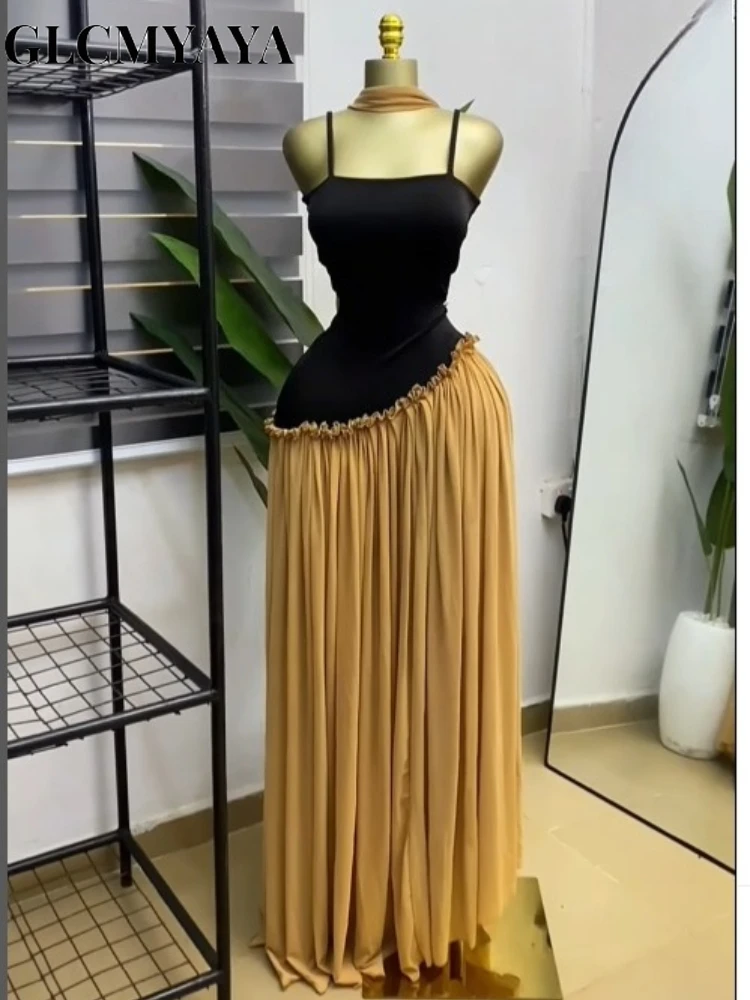 CM.YAYA Women Spaghetti Strap Skew Waist Patchwork A-line Maxi Dress with Scarf 2026 Street Beach Birthday Holiday Long Dresses