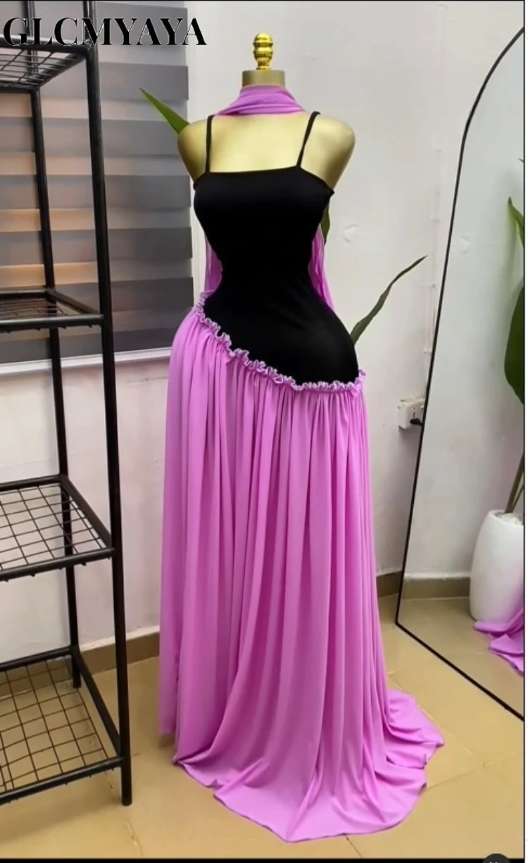 CM.YAYA Women Spaghetti Strap Skew Waist Patchwork A-line Maxi Dress with Scarf 2026 Street Beach Birthday Holiday Long Dresses