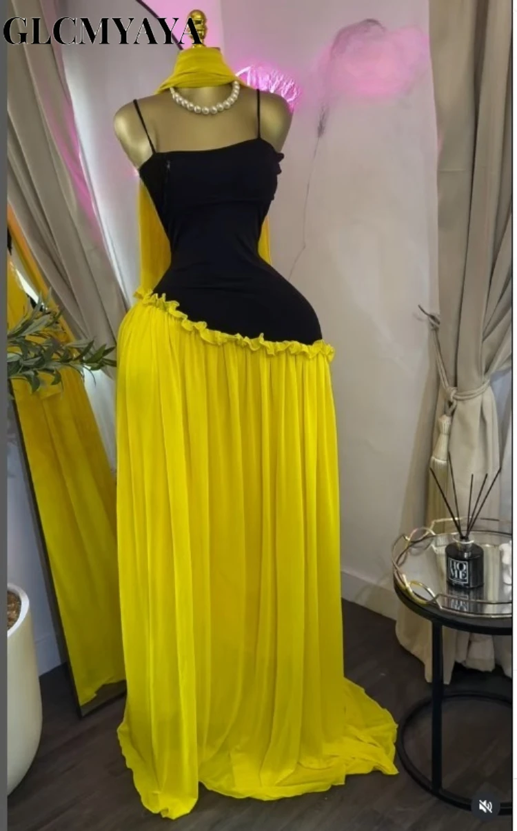 CM.YAYA Women Spaghetti Strap Skew Waist Patchwork A-line Maxi Dress with Scarf 2026 Street Beach Birthday Holiday Long Dresses CM.YAYA Women Spaghetti Strap Skew Waist Patchwork A-line Maxi Dress with Scarf 2026 Street Beach Birthday Holiday Long Dresses