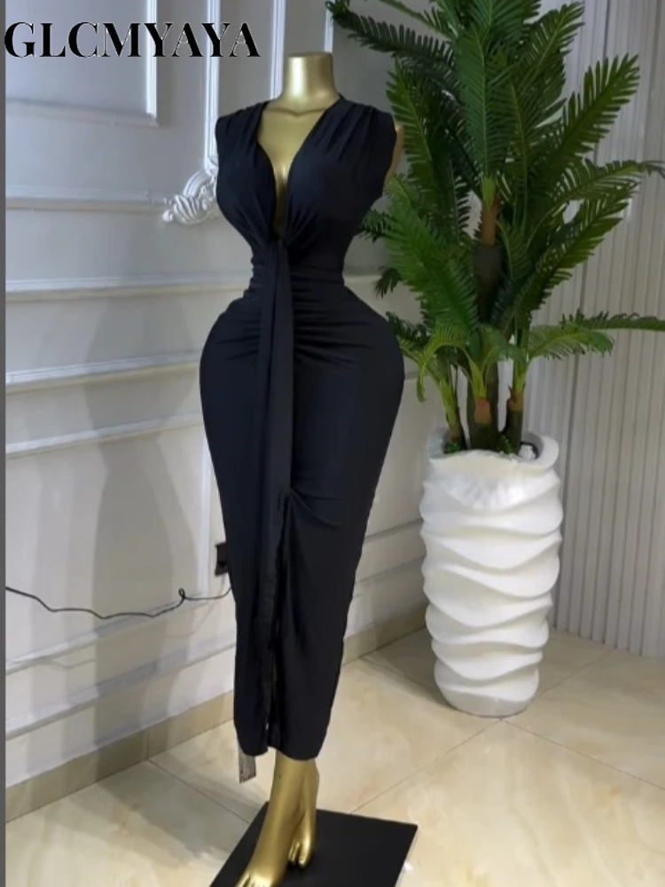 GLCMYAYA Women Sleeveless Bowknot Deep V-neck Bodycon Midi Maxi Dress 2026 Birthday Holiday Party Trendy Long Dresses Vestidos GLCMYAYA Women Sleeveless Bowknot Deep V-neck Bodycon Midi Maxi Dress 2026 Birthday Holiday Party Trendy Long Dresses Vestidos