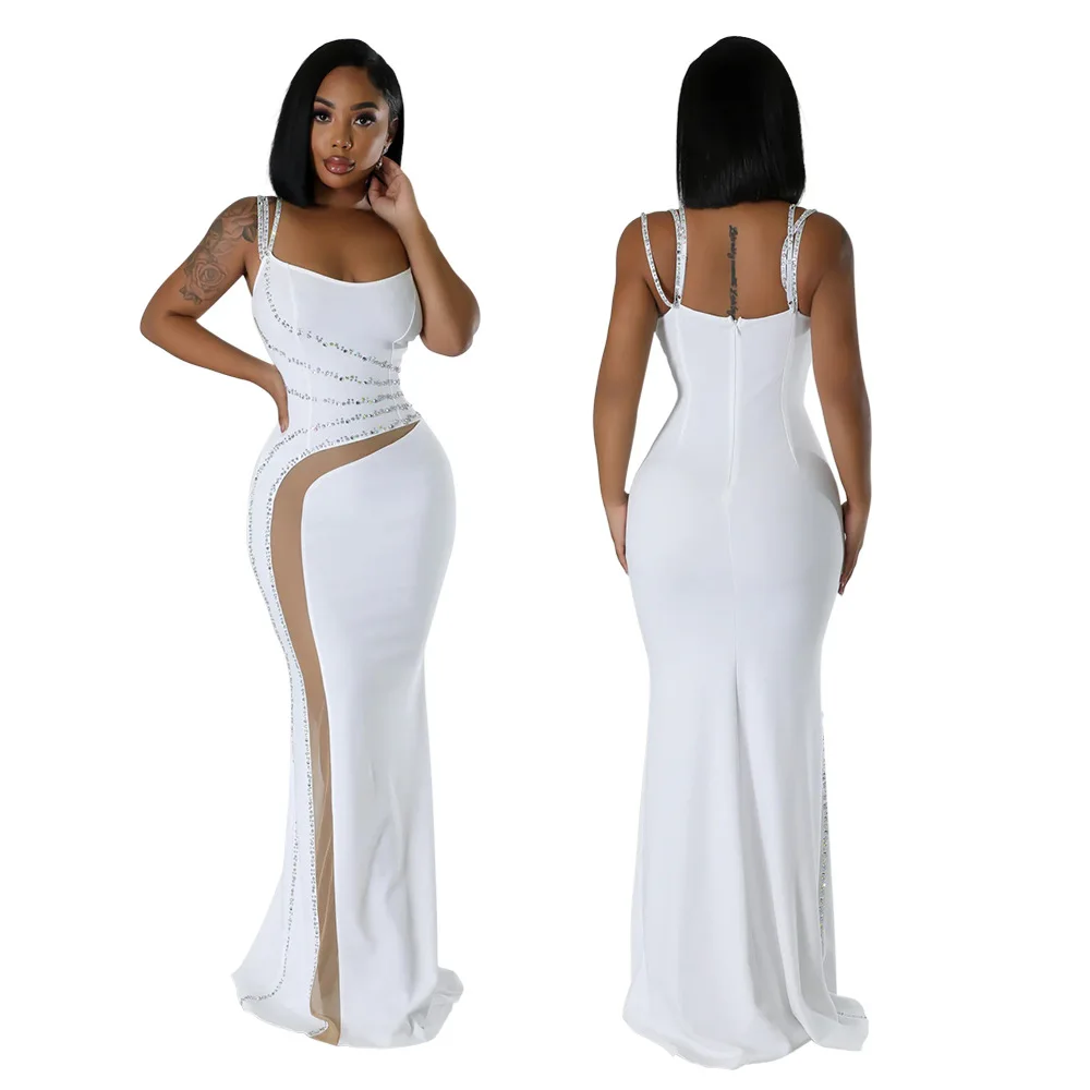 CM.YAYA Women Diamond Strapless Sleeveless Bodycon Long Maxi Dress Summer Streetwear Sexy Vestidos Night Party Evening Dresses