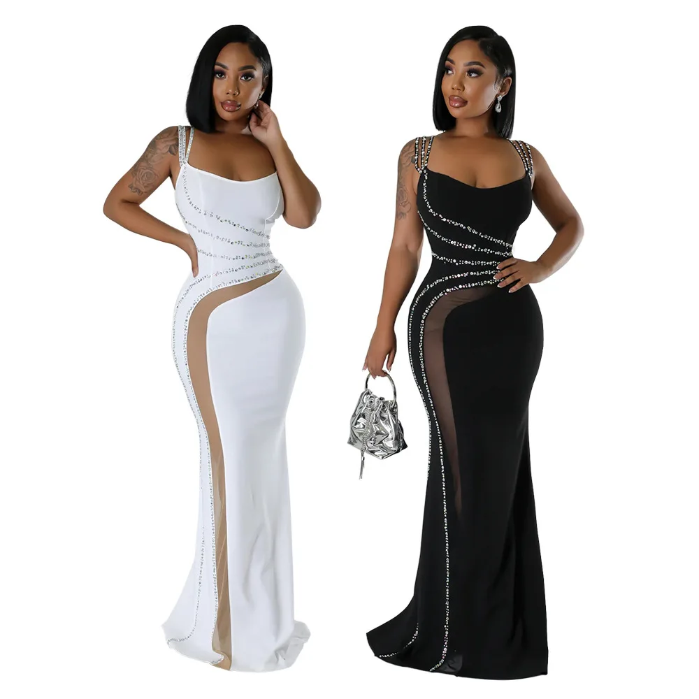 CM.YAYA Women Diamond Strapless Sleeveless Bodycon Long Maxi Dress Summer Streetwear Sexy Vestidos Night Party Evening Dresses