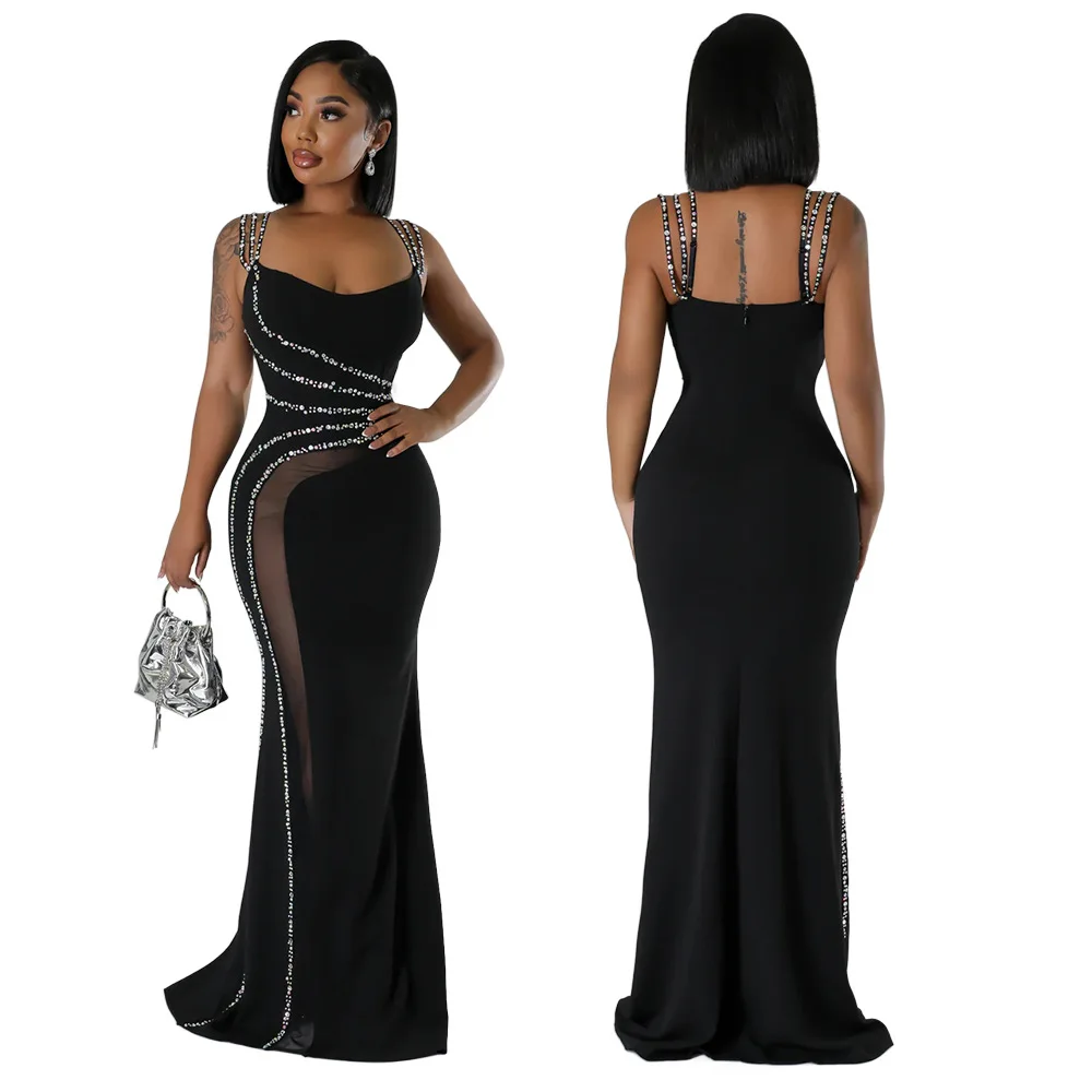 CM.YAYA Women Diamond Strapless Sleeveless Bodycon Long Maxi Dress Summer Streetwear Sexy Vestidos Night Party Evening Dresses