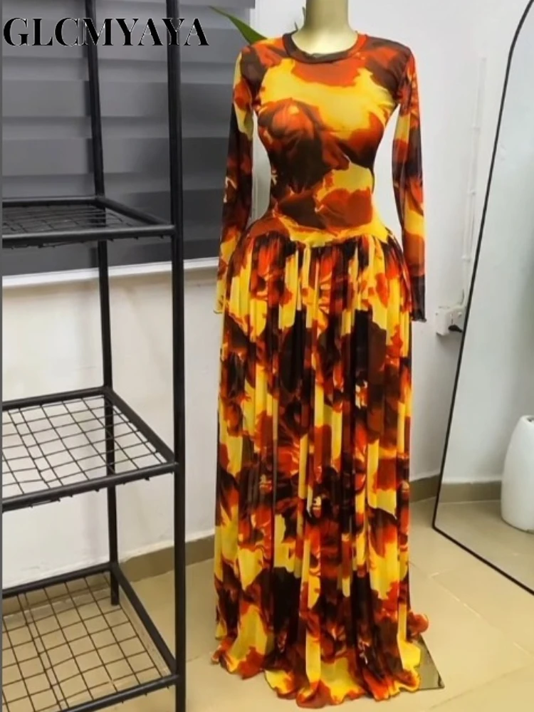 CM.YAYA Women Tie Dye Printed O-neck Big Swing A-line Midi Maxi Dress 2026 Dressy Party Birthday Holiday Long Dresses Vestidos