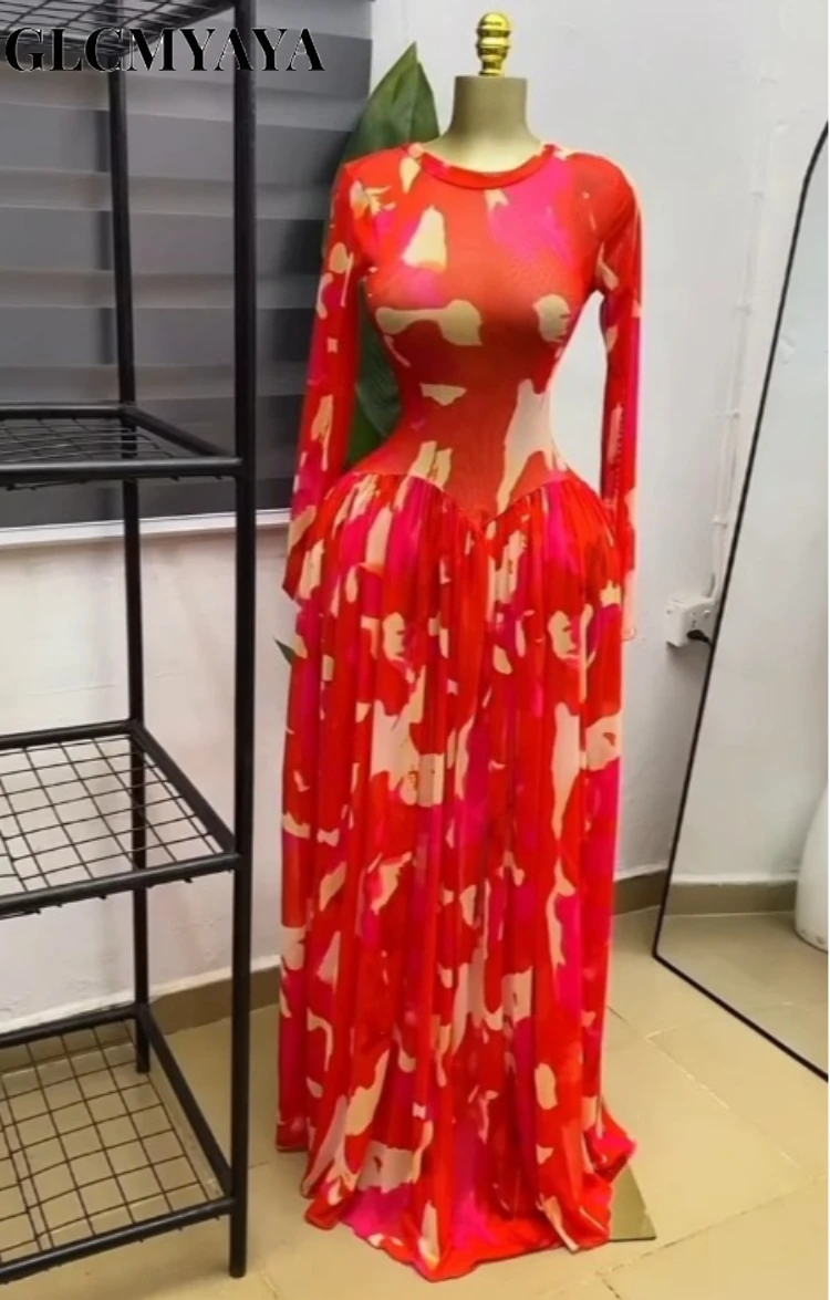 CM.YAYA Women Tie Dye Printed O-neck Big Swing A-line Midi Maxi Dress 2026 Dressy Party Birthday Holiday Long Dresses Vestidos