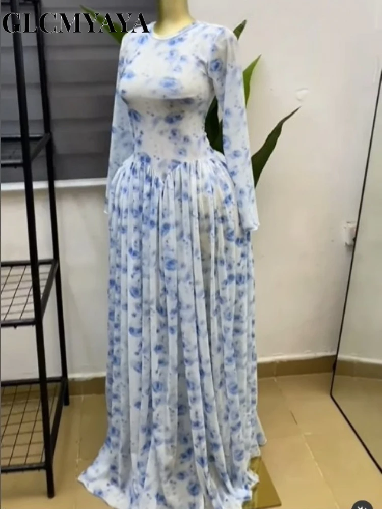 CM.YAYA Women Tie Dye Printed O-neck Big Swing A-line Midi Maxi Dress 2026 Dressy Party Birthday Holiday Long Dresses Vestidos